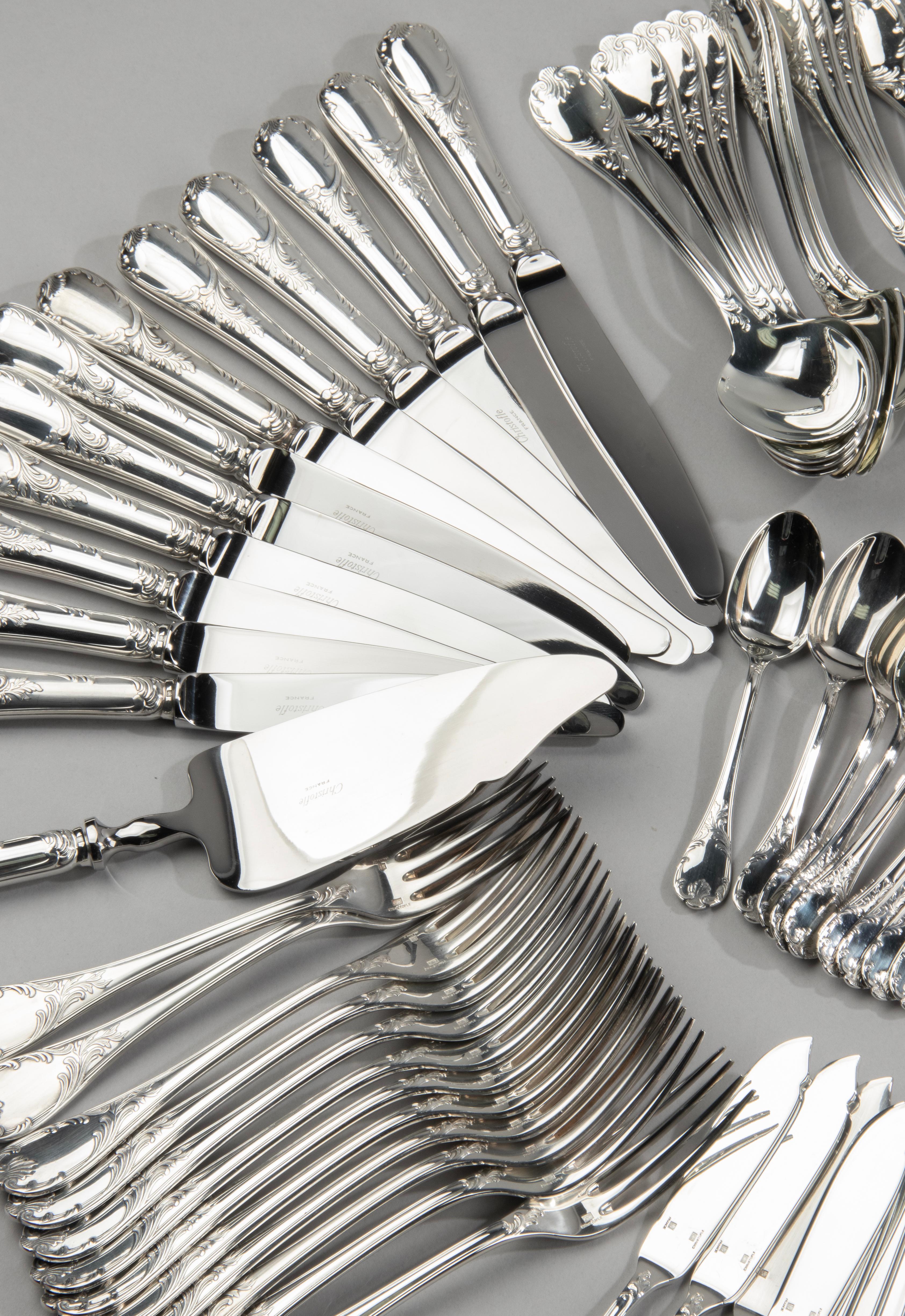130-Piece Set Silver-Plated Flatware Made by Christofle Model Marly 13