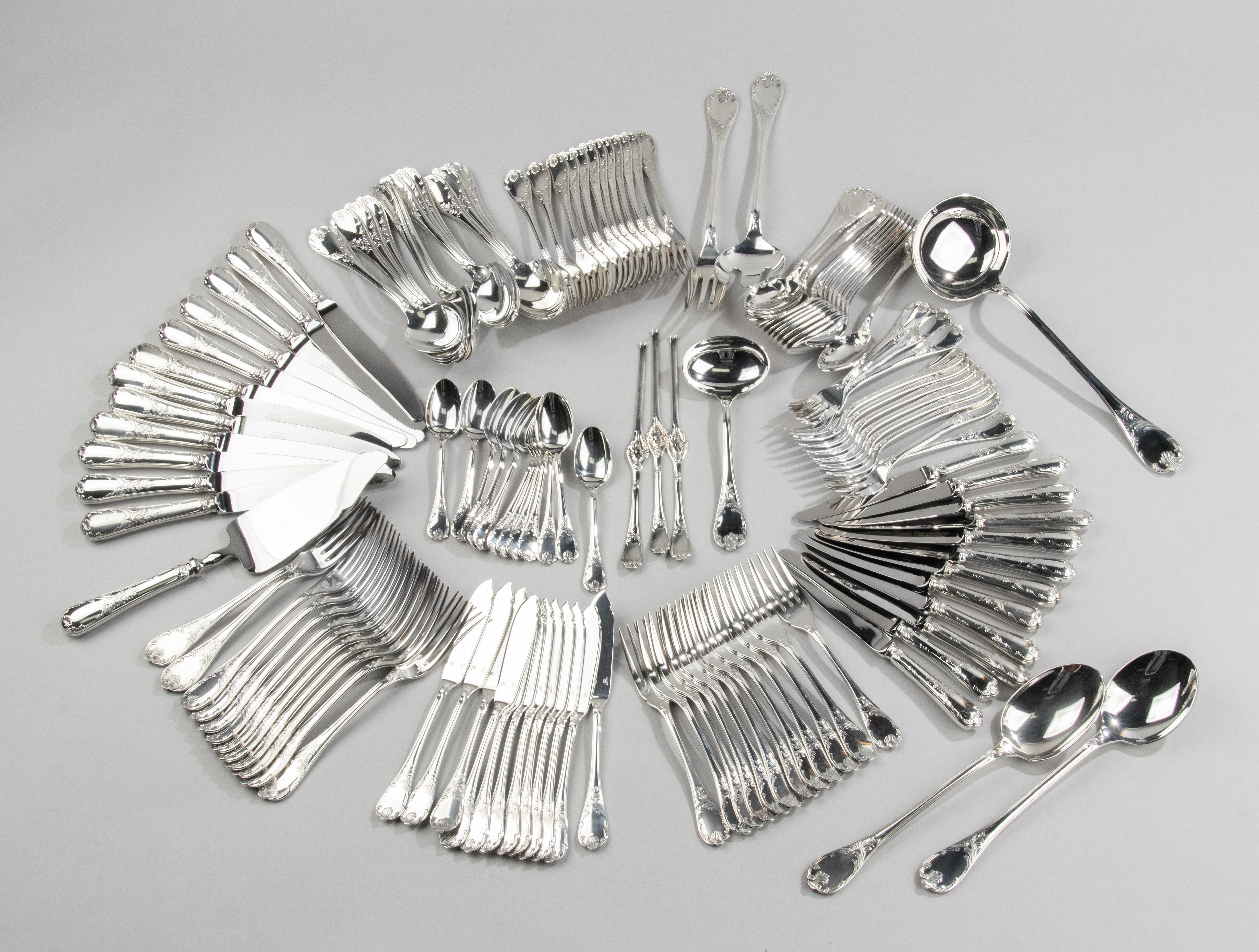 French 130-Piece Set Silver-Plated Flatware Made by Christofle Model Marly