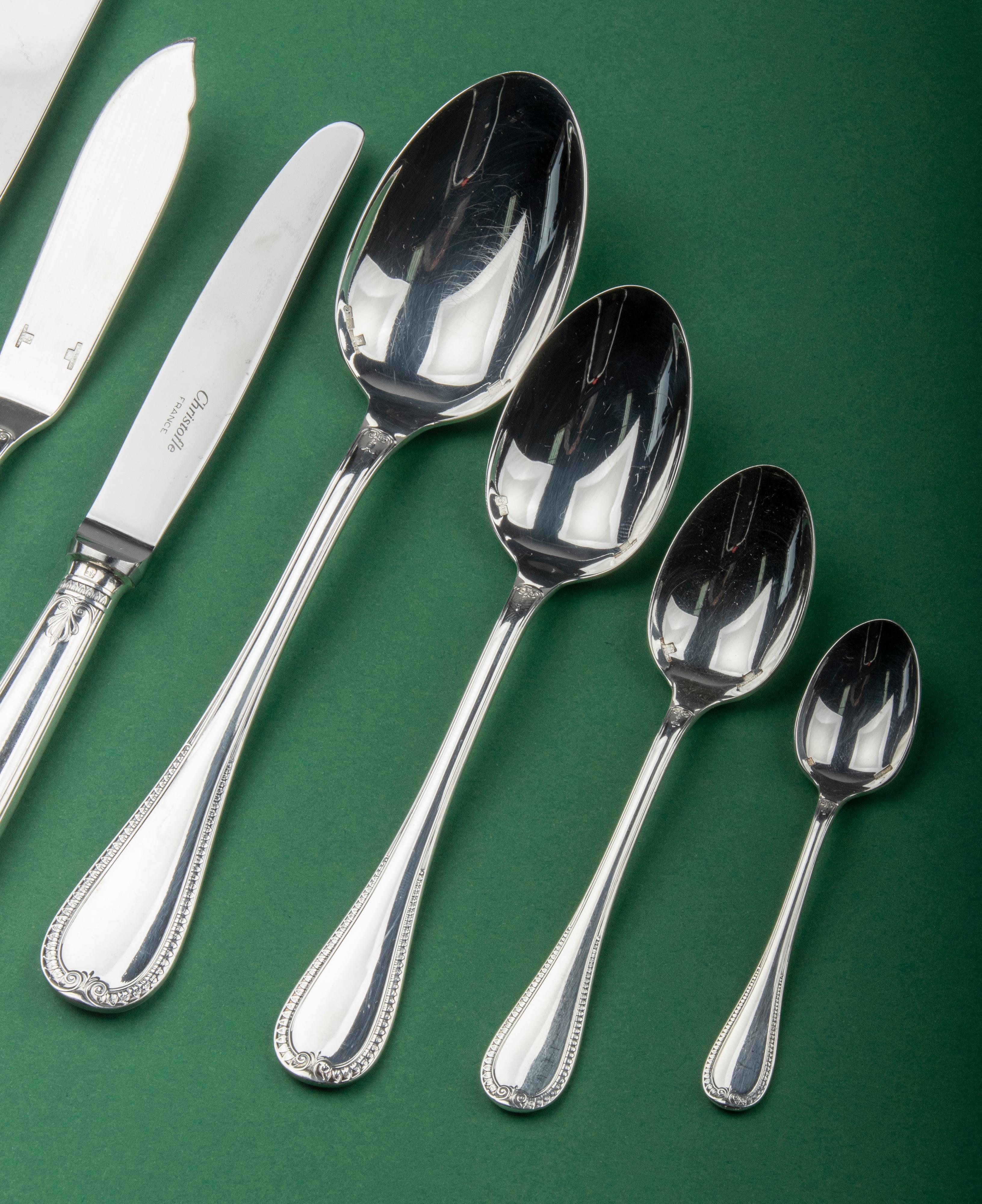 130-Piece Silver Plated Flatware Made by Christofle Model Malmaison in Canteen 8