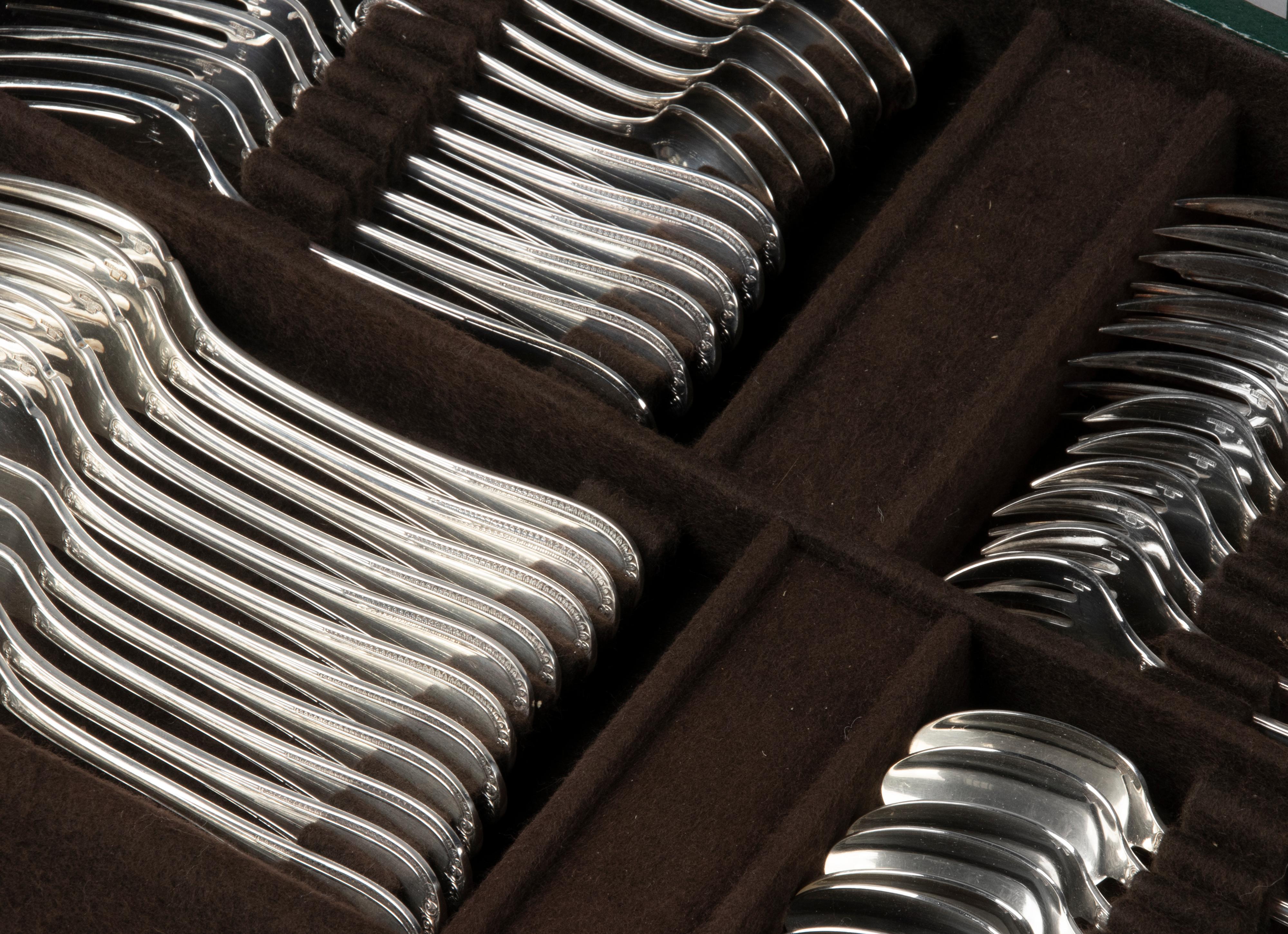 130-Piece Silver Plated Flatware Made by Christofle Model Malmaison in Canteen 14