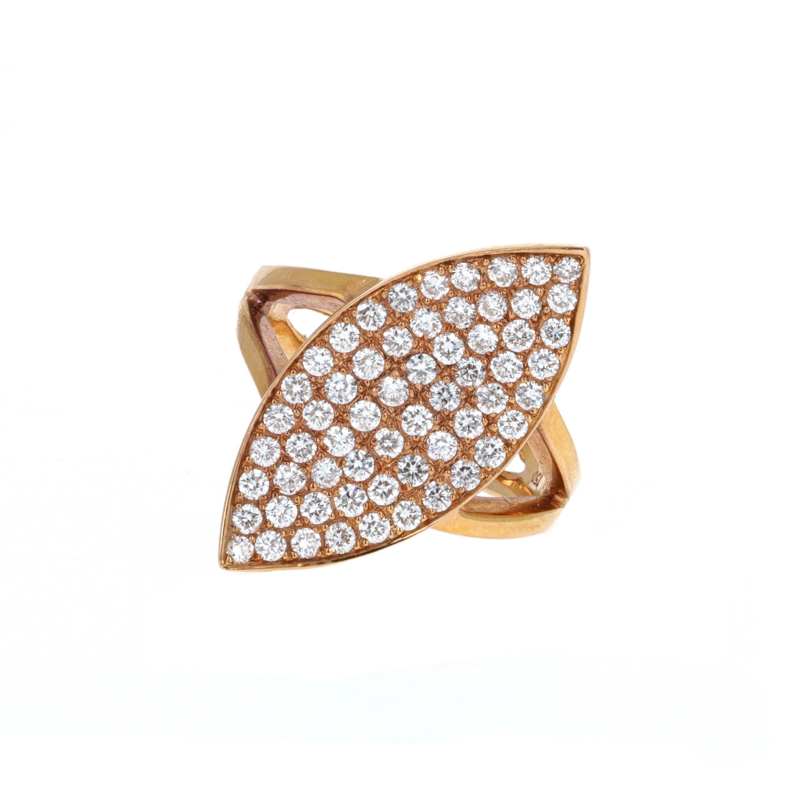 18 karat rose gold diamond pave cocktail ring. The ring is made with a split shank making it very fashionable and stylish. There are 60 round brilliant white diamonds weighing a total of 1.30 carats.

The ring is a size 7