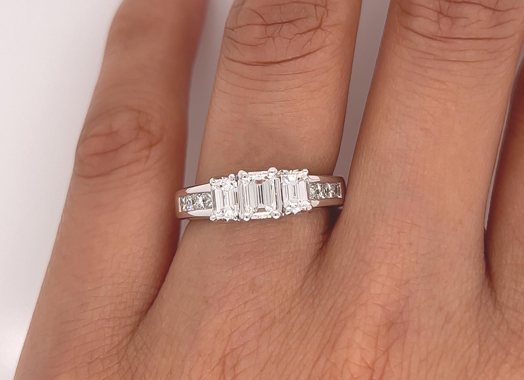 1.30 Total Carat Emerald Cut Three-Stone Engagement Ring H VS2/SI In New Condition For Sale In New York, NY