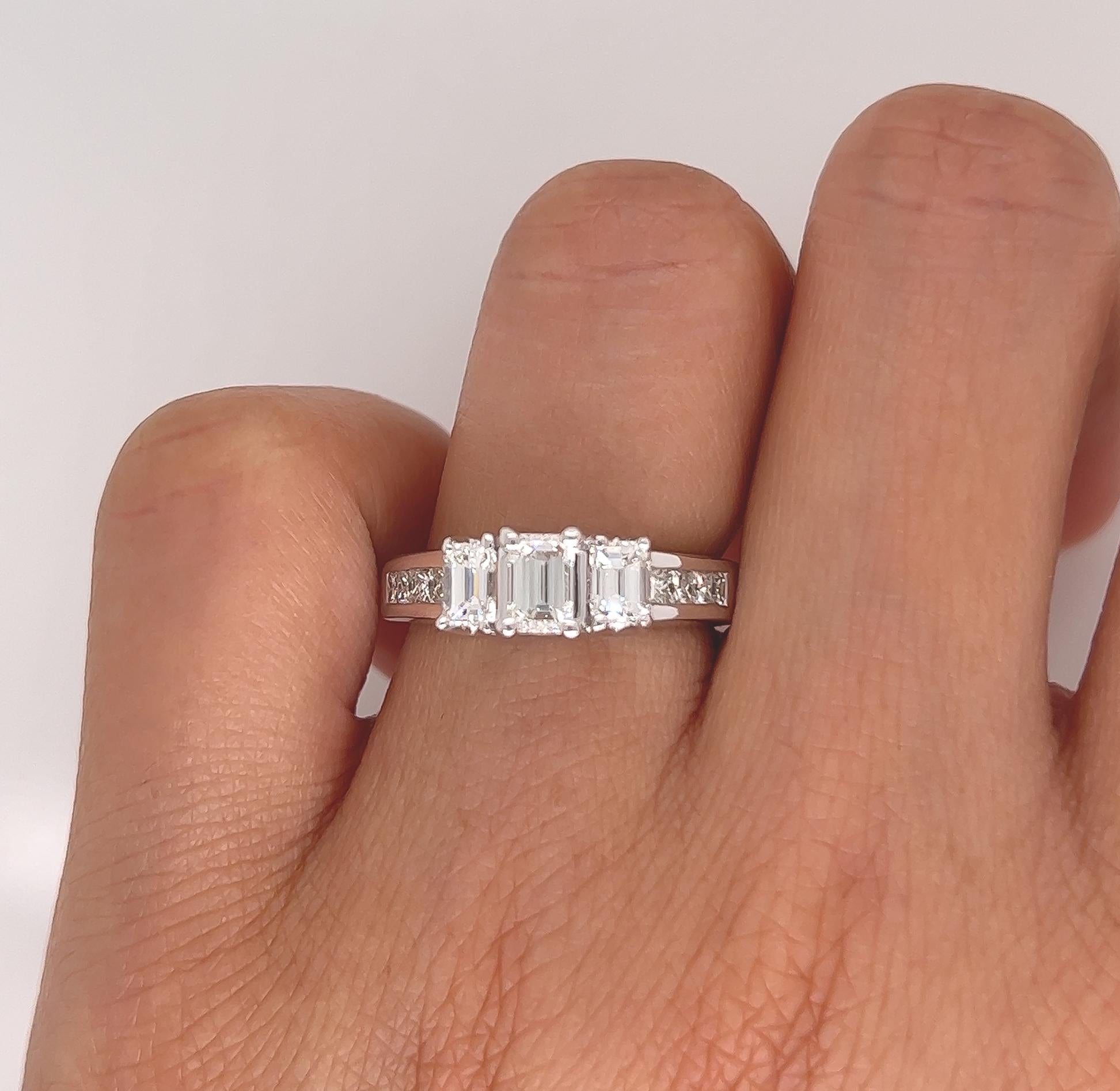 Women's or Men's 1.30 Total Carat Emerald Cut Three-Stone Engagement Ring H VS2/SI For Sale
