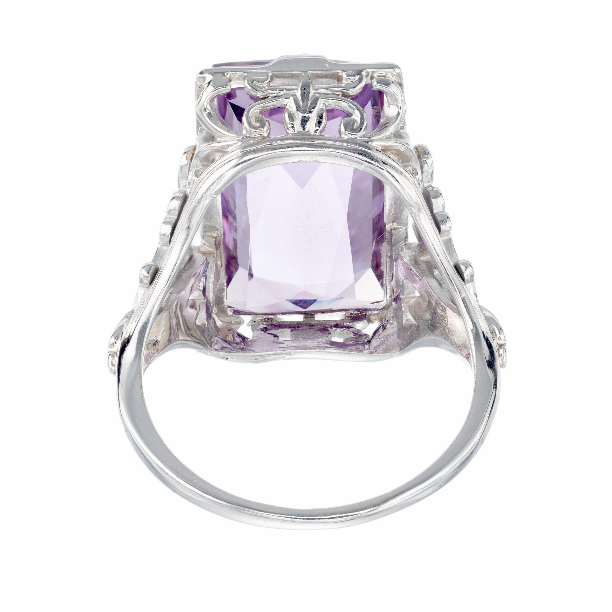 Square Cut 13.00 Carat Amethyst Art Deco Filigree White Gold Cocktail Ring For Sale