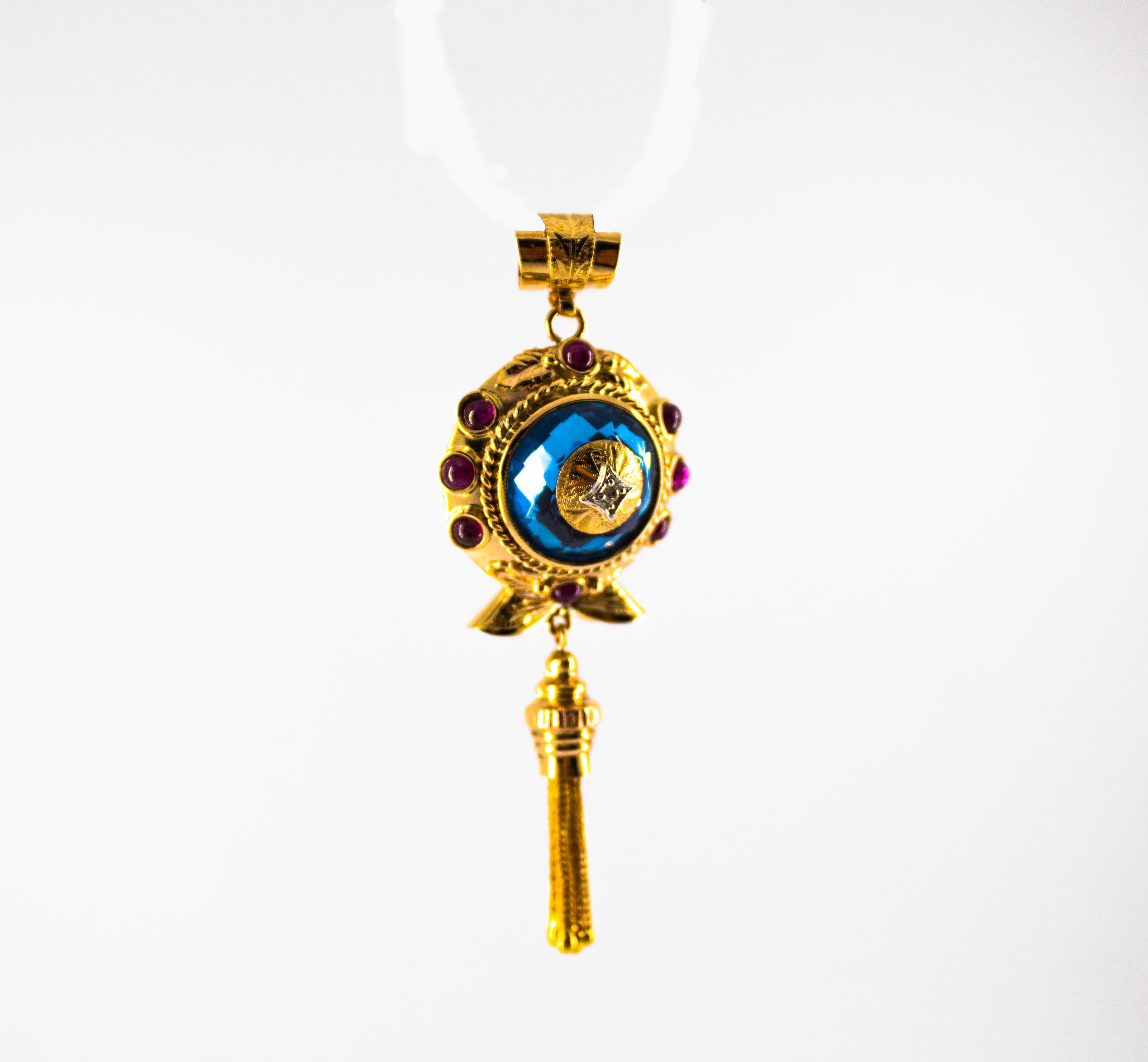 Renaissance 13.00 Carat Blue Topaz 1.83 Carat Diamond Ruby Yellow Gold Pendant Necklace