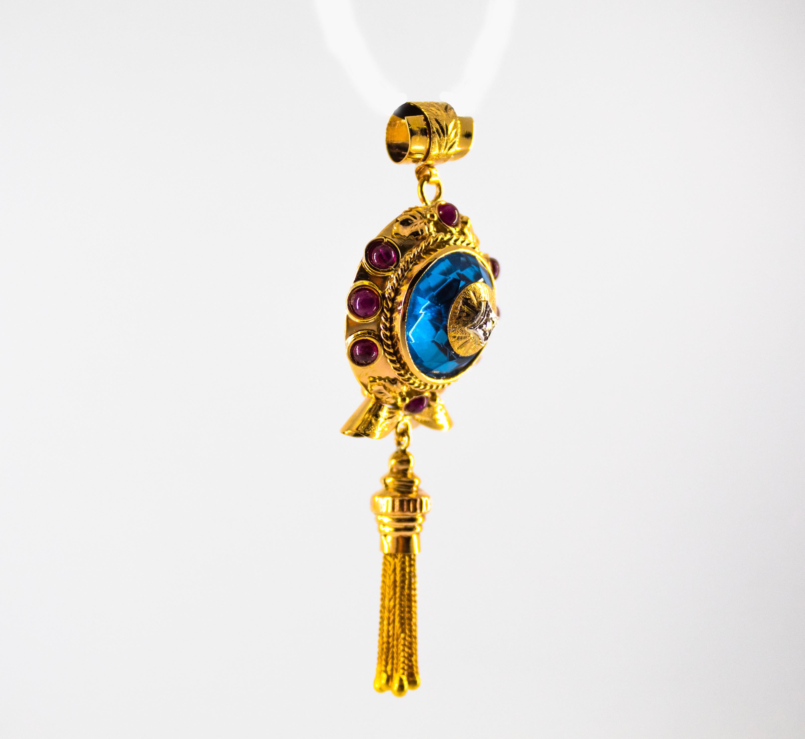 13.00 Carat Blue Topaz 1.83 Carat Diamond Ruby Yellow Gold Pendant Necklace In New Condition In Naples, IT