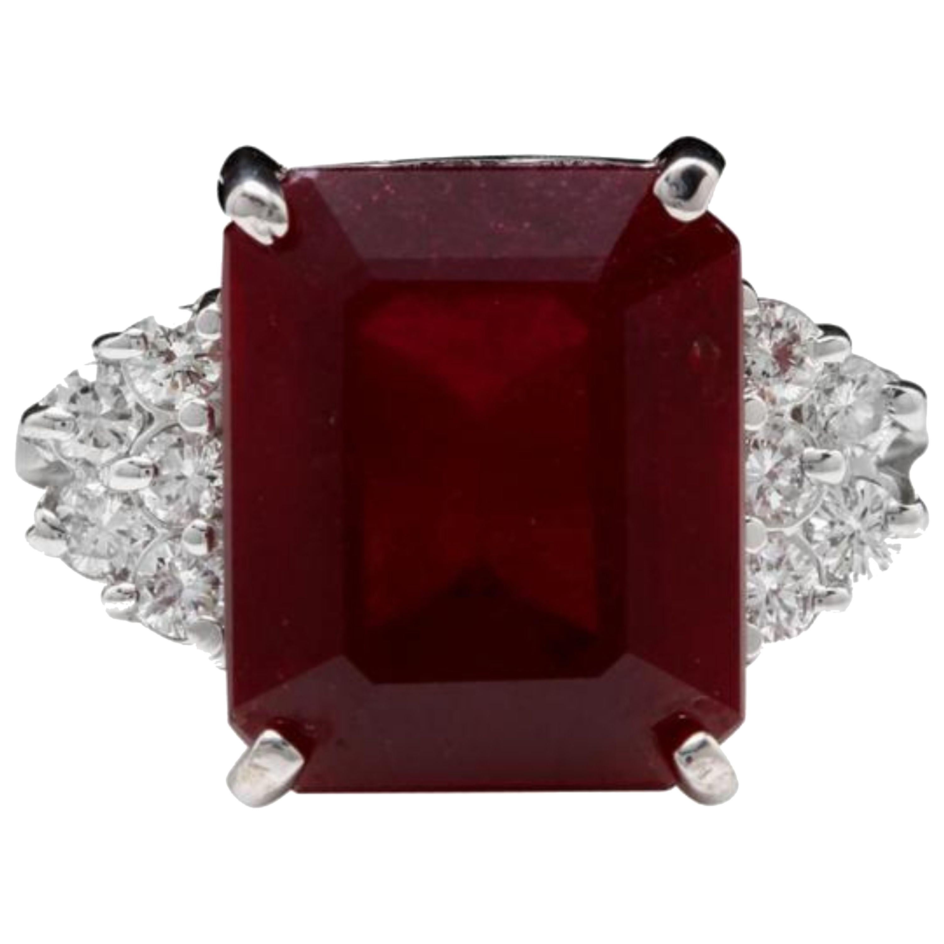 13.00 Carat Impressive Natural Red Ruby and Diamond 14 Karat White Gold Ring For Sale