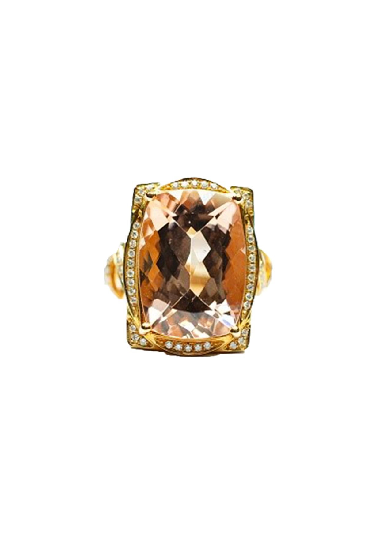 Cushion Cut Sunita Nahata Morganite 13.00ct. Fancy Ring in 18Karat Rose Gold with Diamond. For Sale
