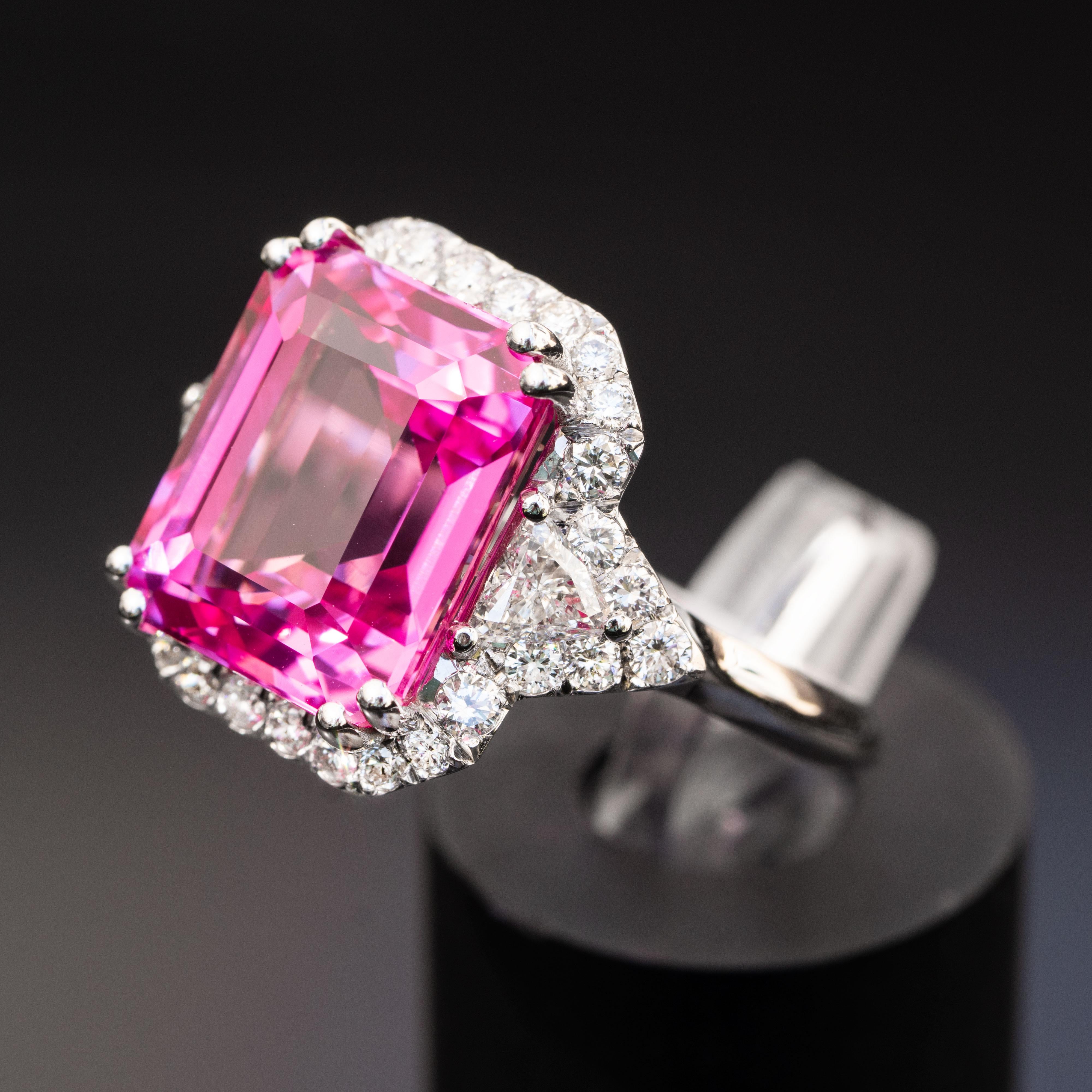 Art déco Bague en saphir rose de 13,00 carats Bague de déclaration en diamants naturels de 1,20 carats en vente