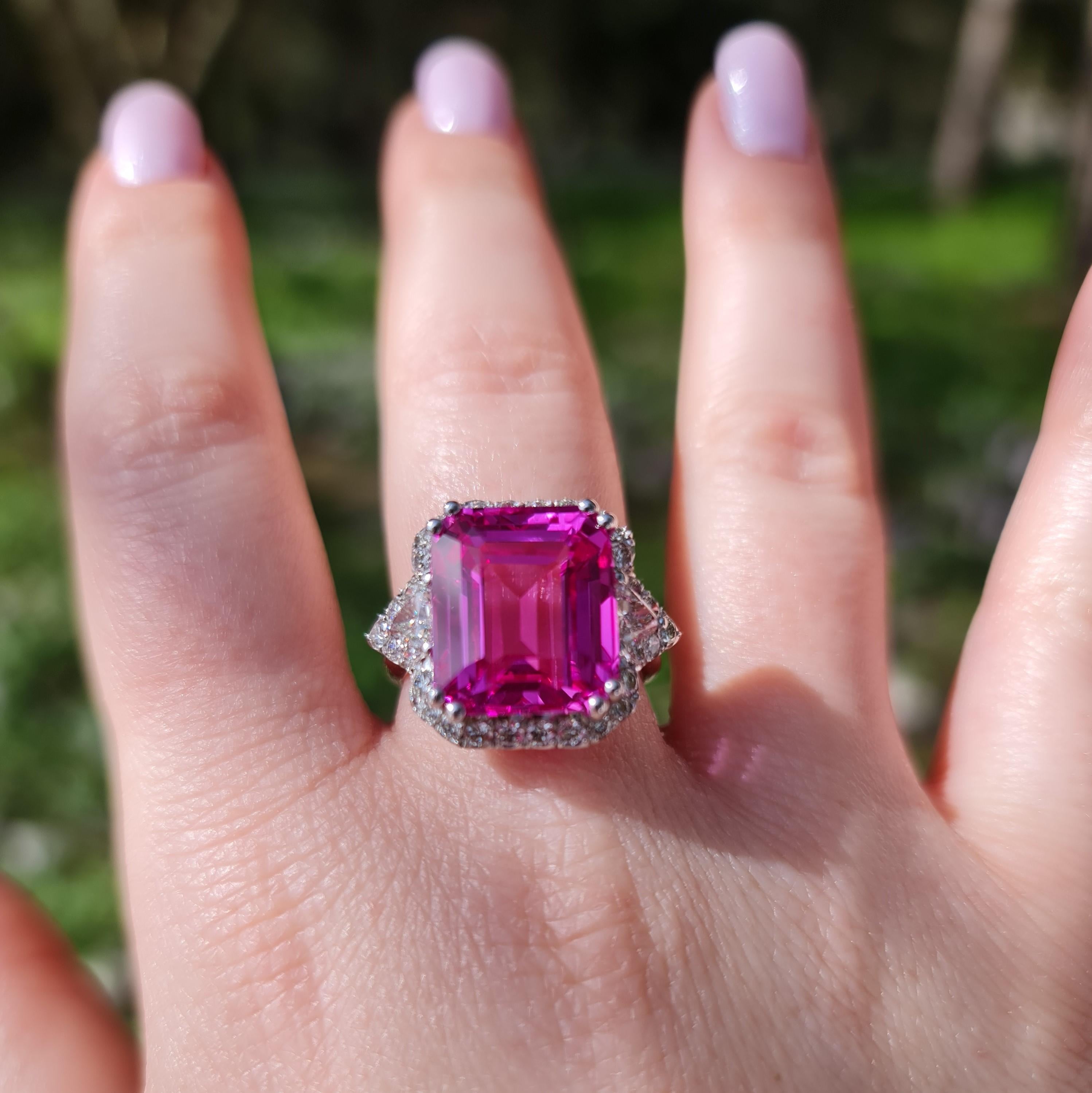 Emerald Cut 13.00 carat pink sapphire ring 1.20 carat natural diamonds statement ring For Sale