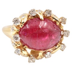 13.00 Carat Red Tourmaline and Diamond 18 Karat Yellow Gold Ring