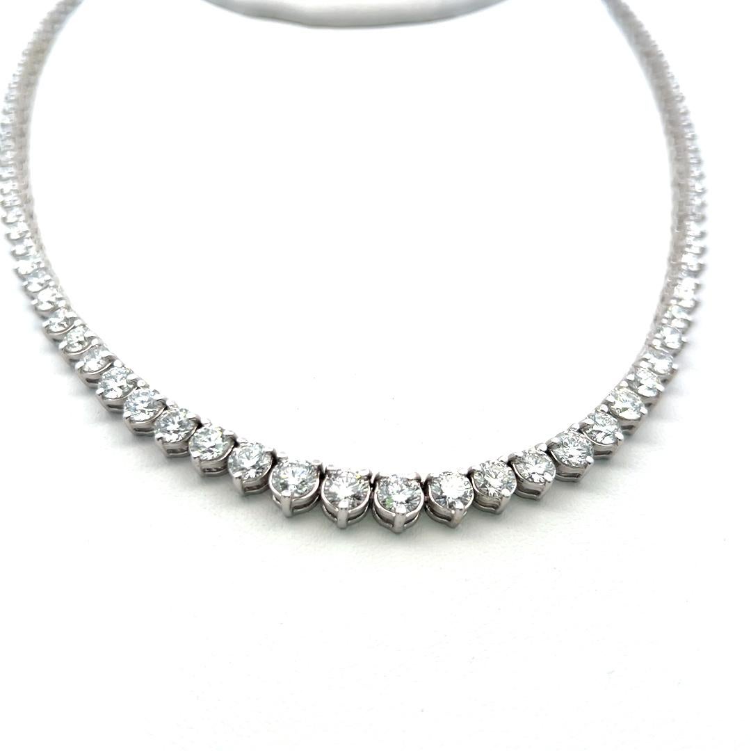 Women's 13.00 Carat Round Brilliant H SI Diamond 14 Karat White Gold Riviera Necklace For Sale