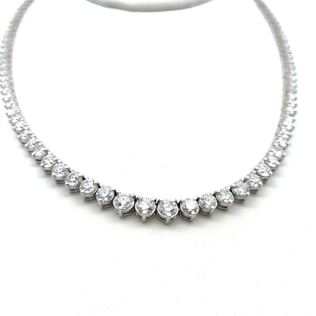 13.00 Carat Round Brilliant H SI Diamond 14 Karat White Gold Riviera Necklace