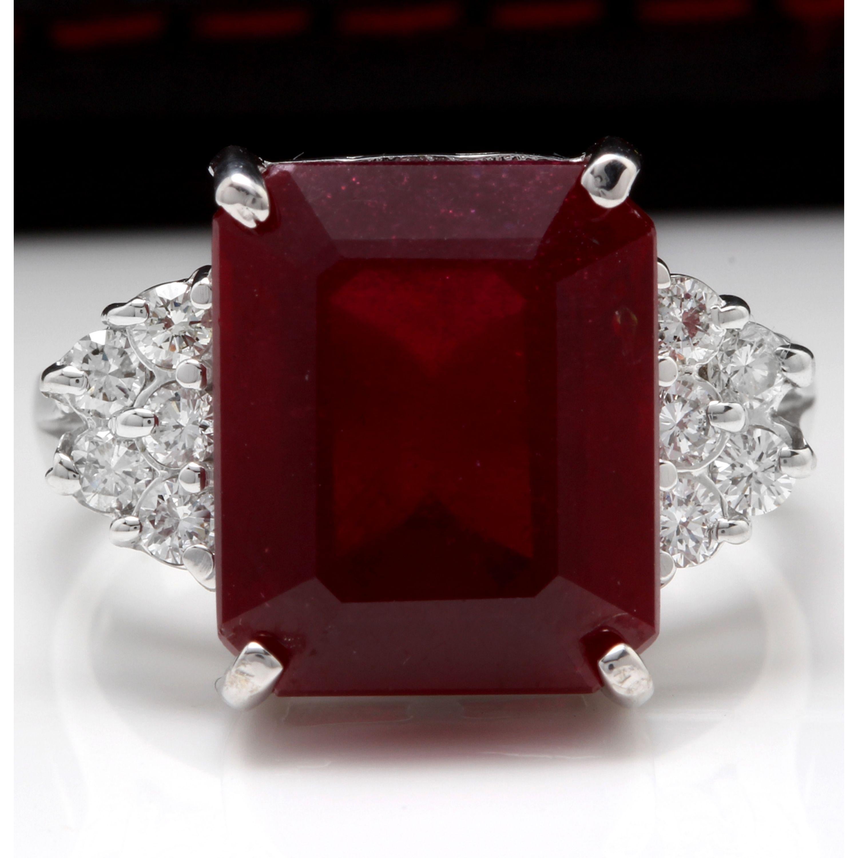 13.00 Carats Impressive Natural Red Ruby and Diamond 14K White Gold Ring

Total Red Ruby Weight is Approx. 12.50 Carats

Ruby Treatment: Lead Glass Filling

Ruby Measures: Approx. 13.00 x 11.00mm

Natural Round Diamonds Weight: Approx. 0.50 Carats