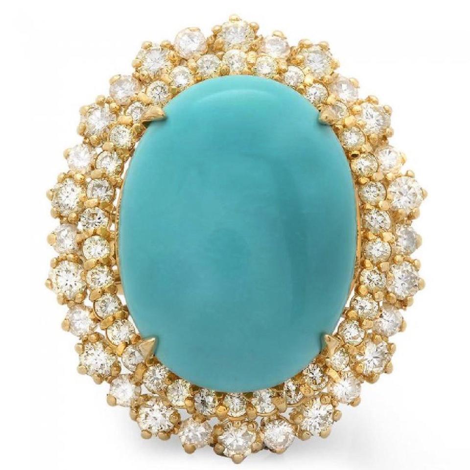 13.00 Carats Impressive Natural Turquoise and Diamond 14K Yellow Gold Ring

Suggested Replacement Value $7,400.00

Total Natural Oval Turquoise Weight is: Approx. 11.00 Carats 

Turquoise Measures: 18.00 x 13.00mm 

Natural Round Diamonds Weight: