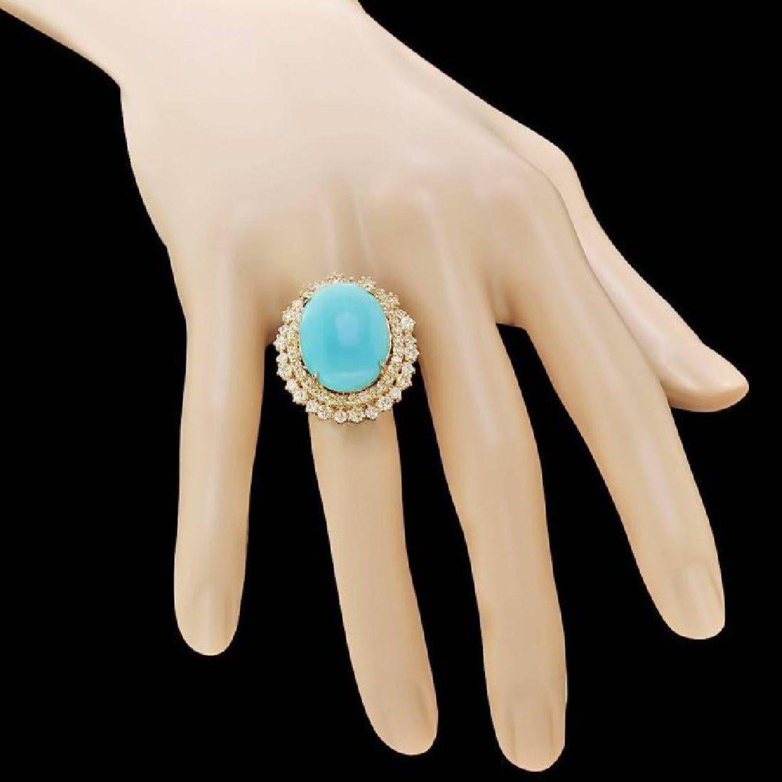 Mixed Cut 13.00 Carats Impressive Natural Turquoise and Diamond 14K Yellow Gold Ring For Sale