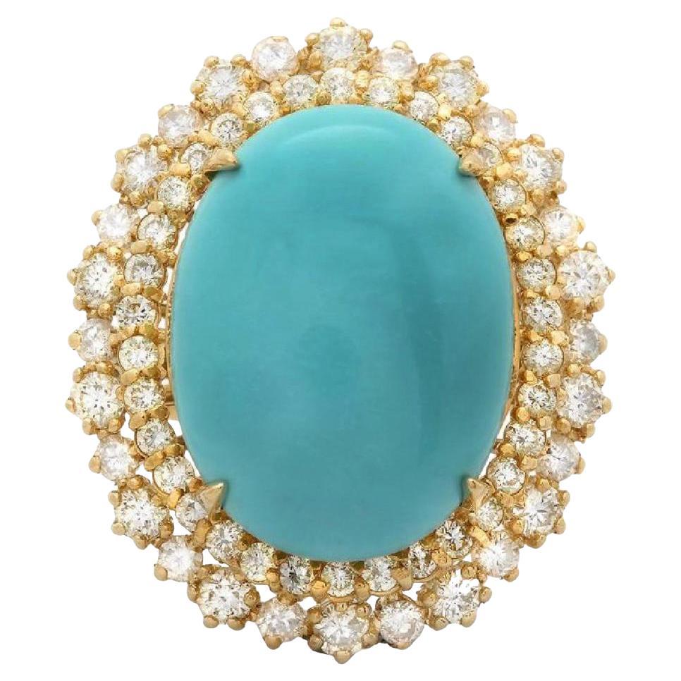 Impressionnante bague en or jaune 14 carats avec turquoise naturelle et diamants de 13,00 carats