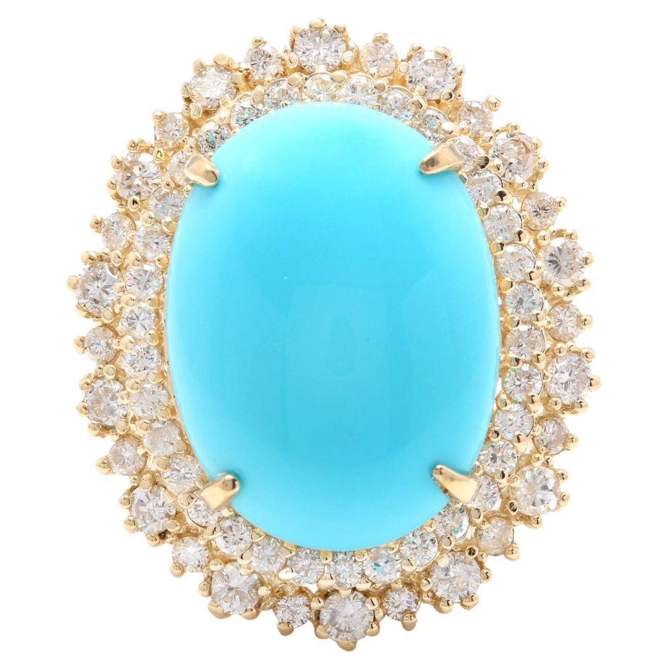 13.00 Carats Impressive Natural Turquoise and Diamond 14K Yellow Gold Ring For Sale