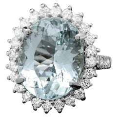 13.00 Carats Natural Aquamarine and Diamond 14K Solid White Gold Ring