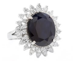 13.00 Carats Natural Sapphire and Diamond 14k Solid White Gold Ring