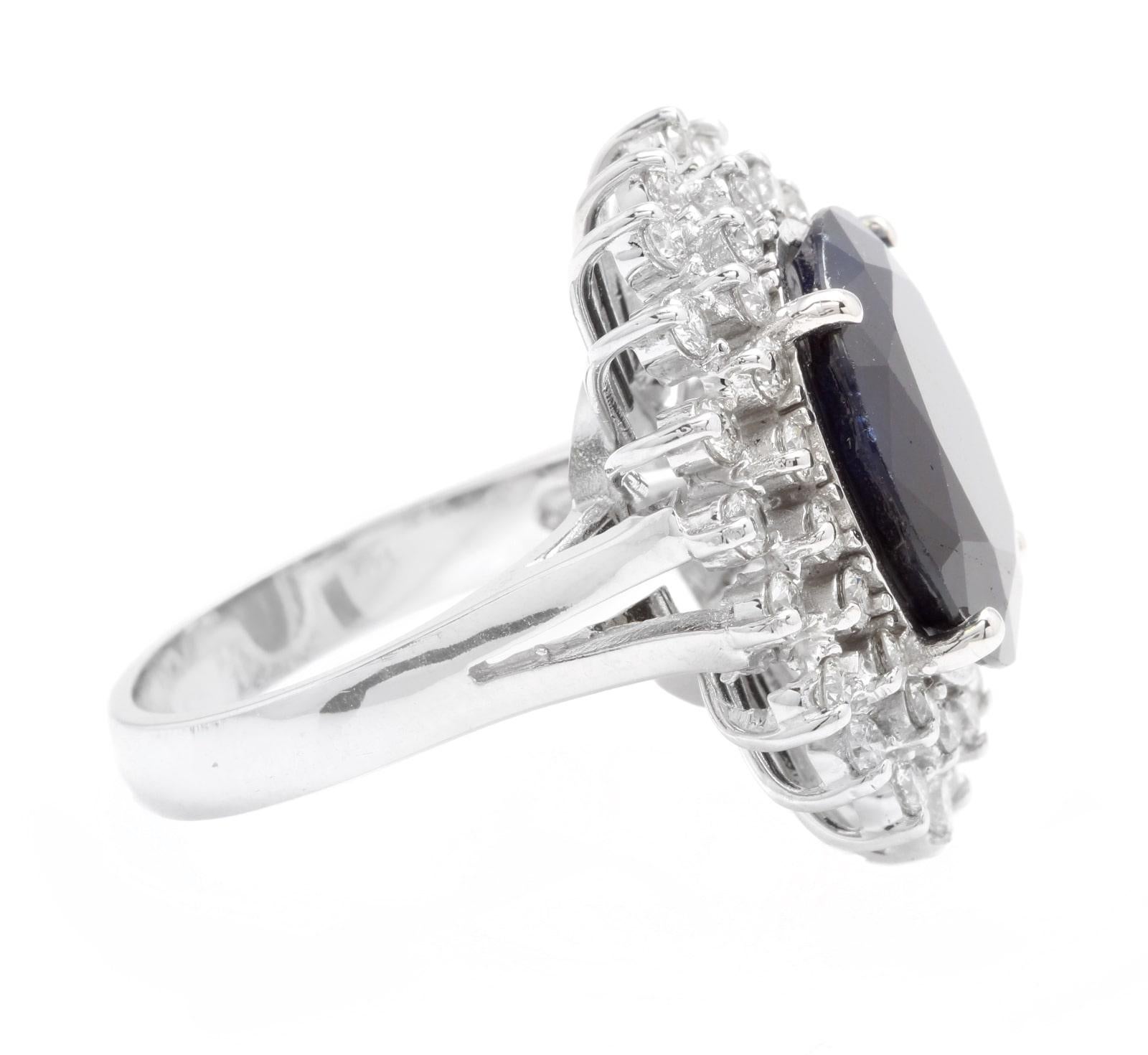 14 Karat massiver Weißgoldring mit 13.00 Karat natürlichem Saphir und Diamant (Gemischter Schliff) im Angebot