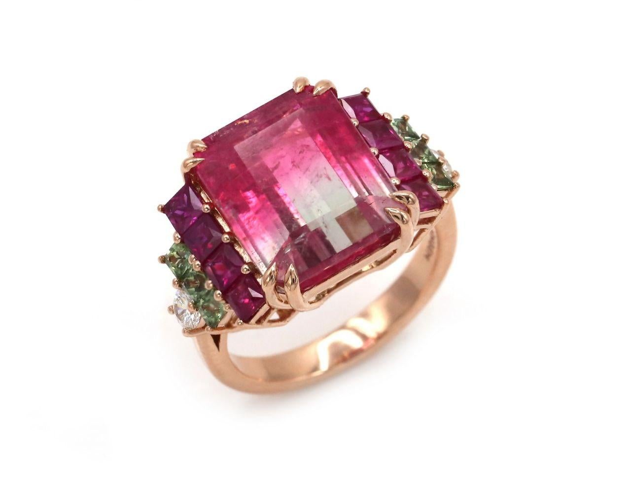 For Sale:  13.01 Carat Bicolor Tourmaline Green Sapphires Ruby Diamond 18 K White Gold Ring 4