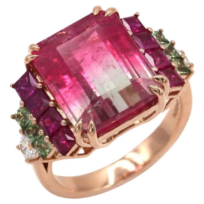 For Sale:  13.01 Carat Bicolor Tourmaline Green Sapphires Ruby Diamond 18 K White Gold Ring