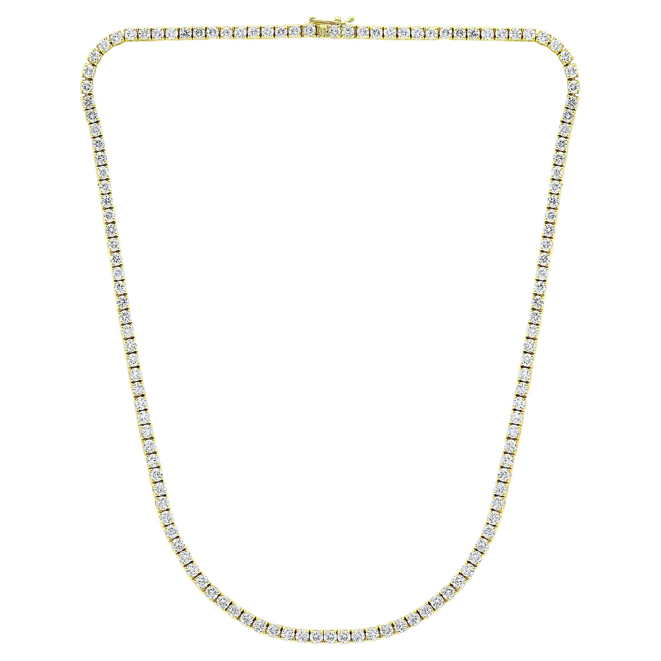 13.01 Carat Diamond Tennis Necklace in 14K Yellow Gold For Sale