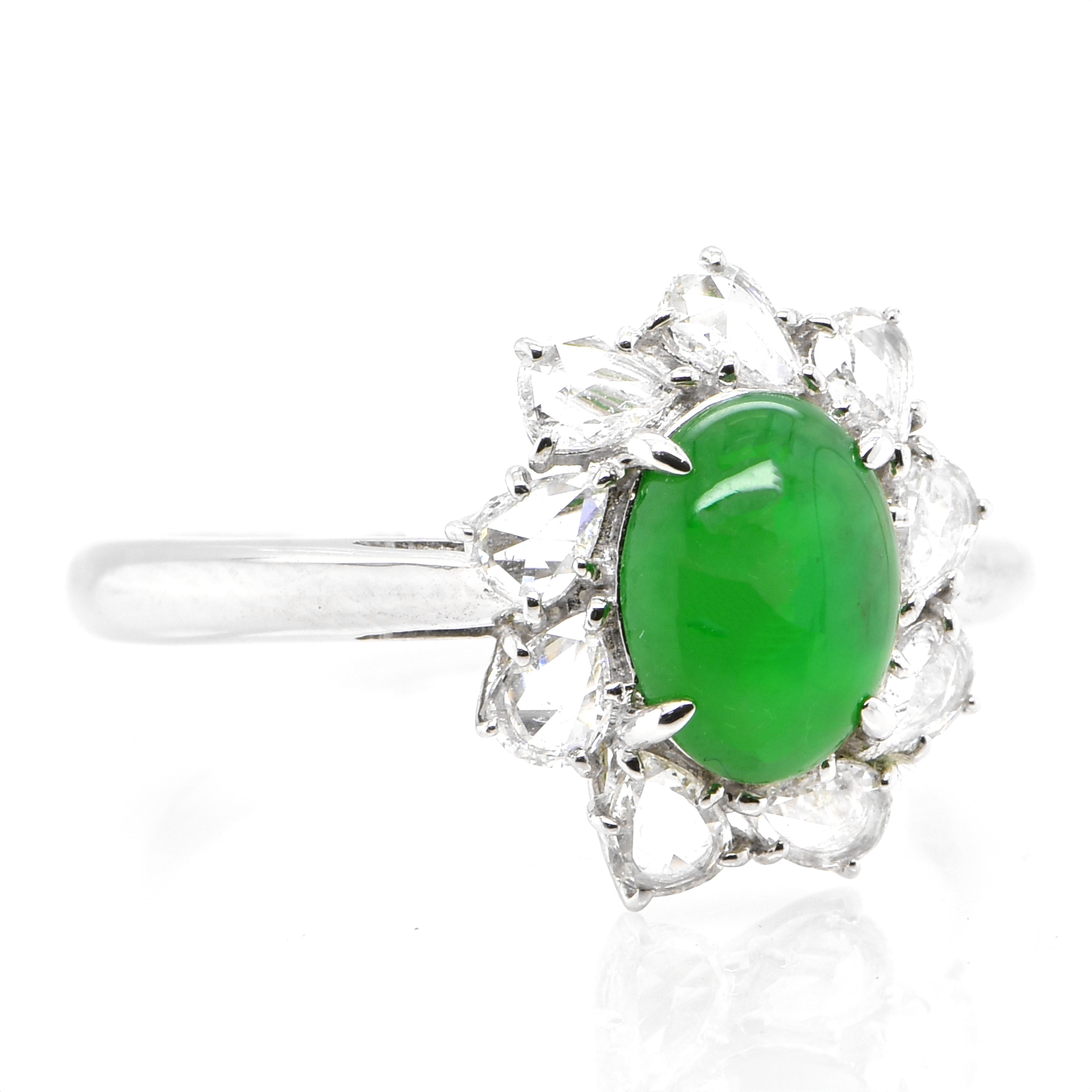 Modern 1.302 Carat Natural 'Type-A' Jadeite and Rose Cut Diamond Ring Set in Platinum For Sale