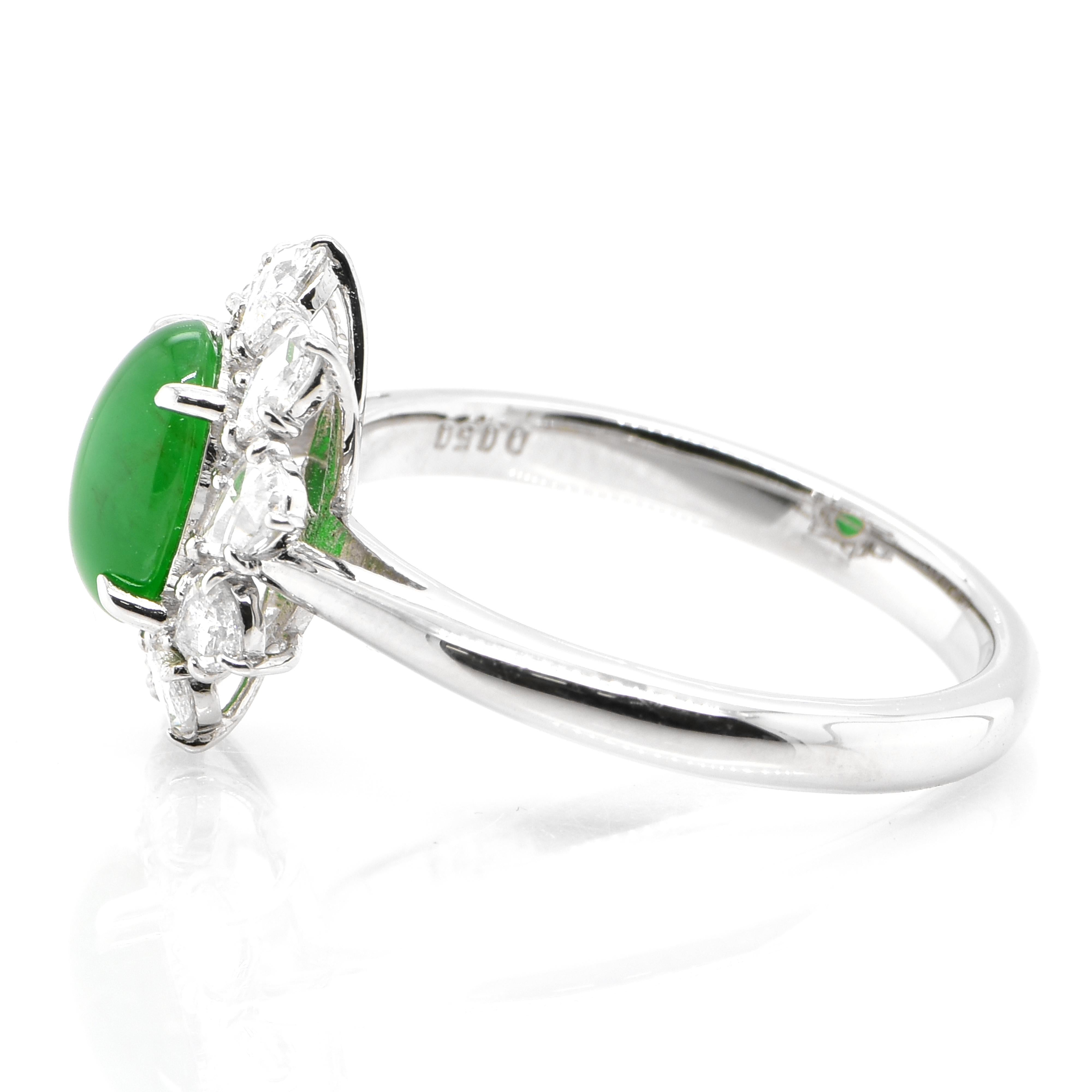 Cabochon 1.302 Carat Natural 'Type-A' Jadeite and Rose Cut Diamond Ring Set in Platinum For Sale