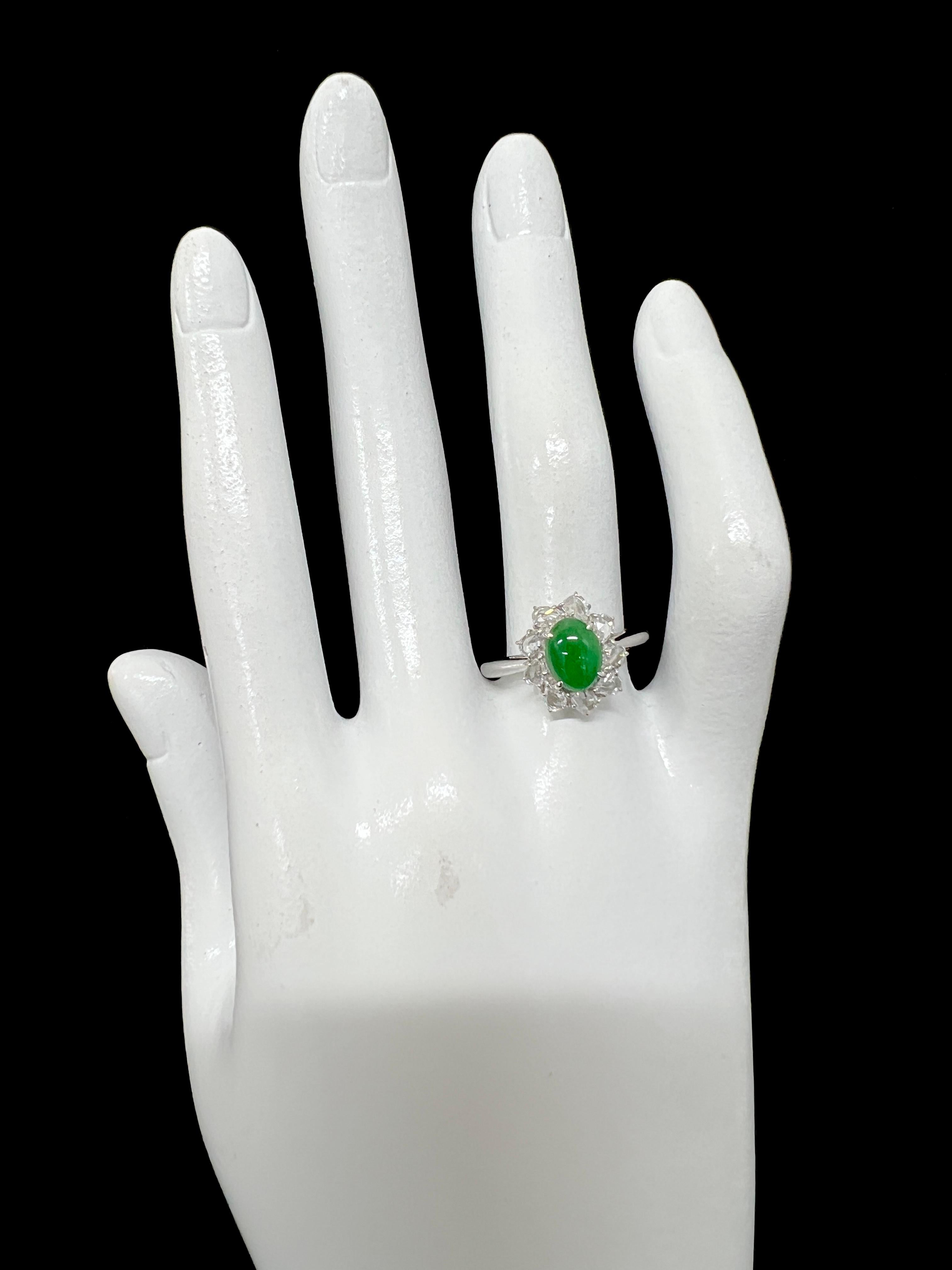 1.302 Carat Natural 'Type-A' Jadeite and Rose Cut Diamond Ring Set in Platinum For Sale 1