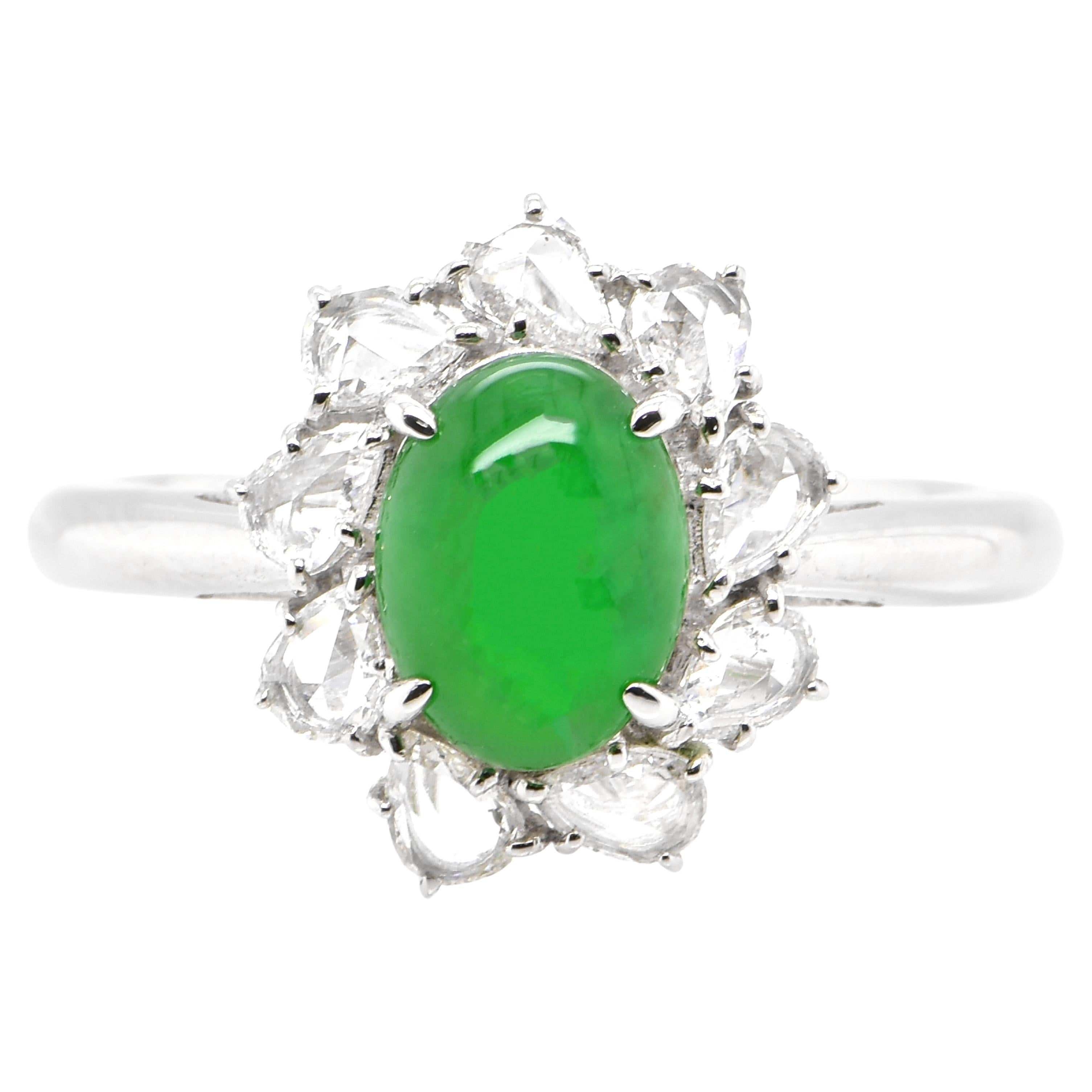 1.302 Carat Natural 'Type-A' Jadeite and Rose Cut Diamond Ring Set in Platinum For Sale