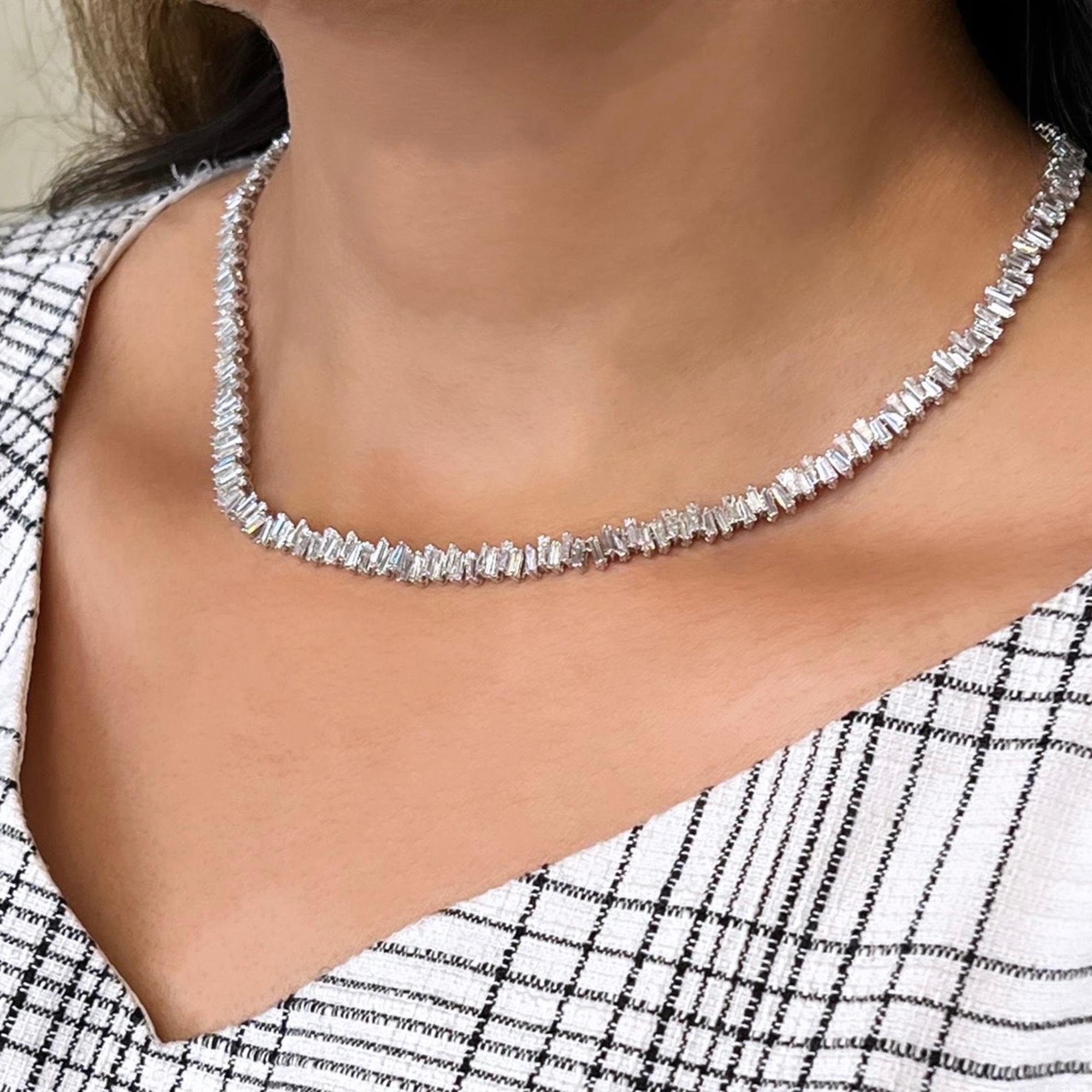 13.02cttw Baguette Cut Diamond Tennis Statement Necklace 18K White Gold In New Condition For Sale In New York, NY
