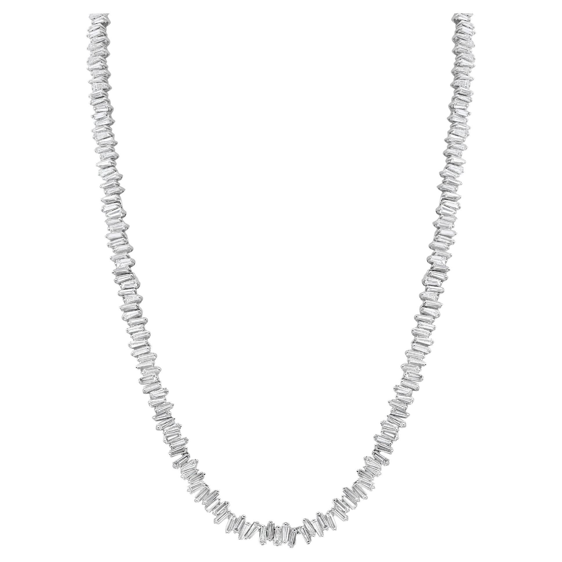 Baguette Cut Diamond Tennis Statement Necklace 18K White Gold 16.24cttw