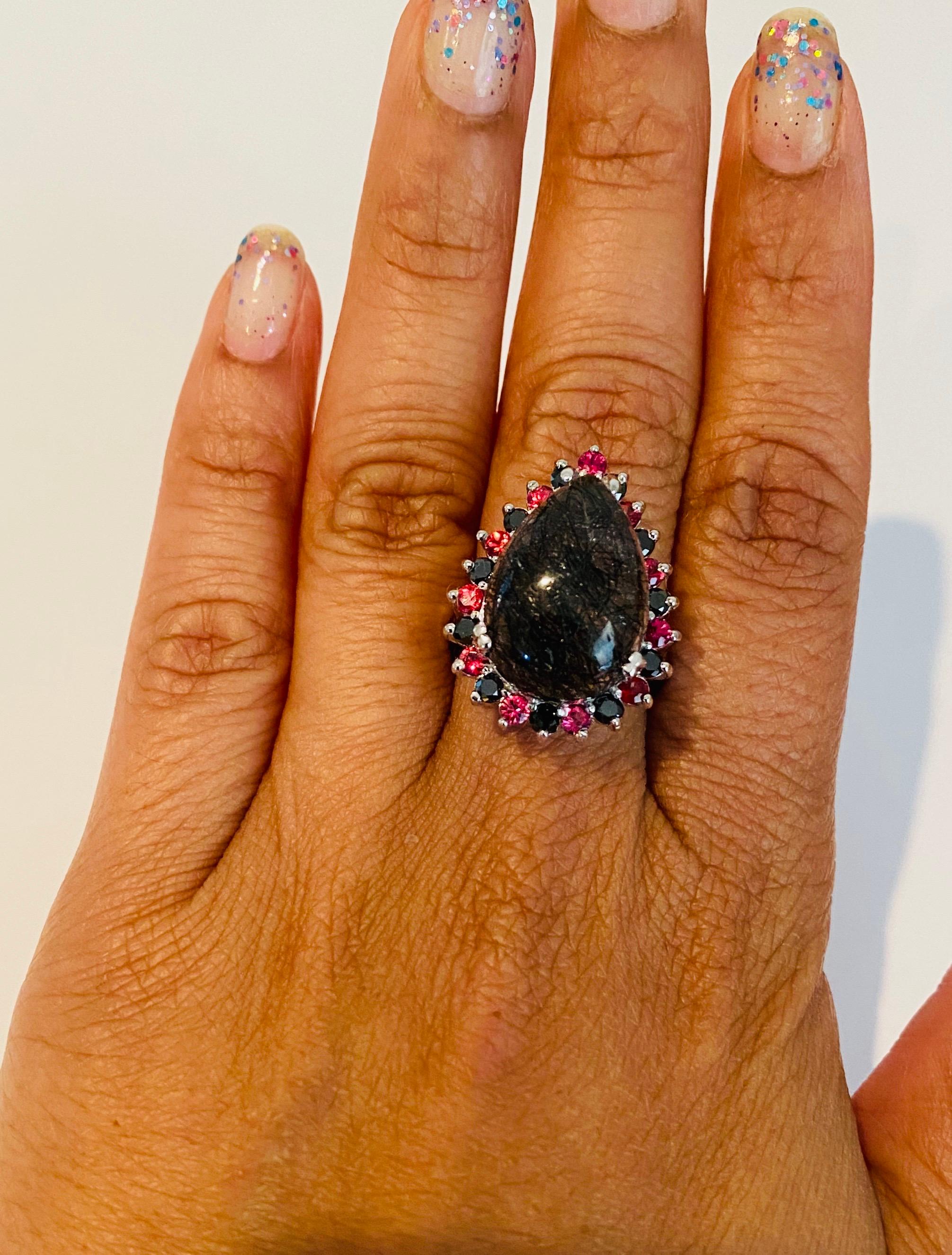 Women's 13.03 Carat Black Diamond Quartz and Sapphire White Gold Cocktail Ring For Sale