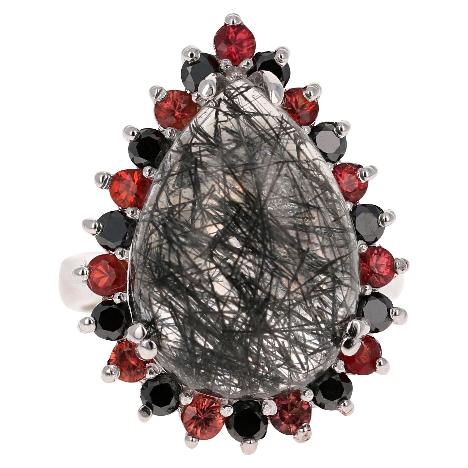 13,03 Karat Schwarzer Diamant Quarz und Saphir Weißgold Cocktail-Ring im Angebot