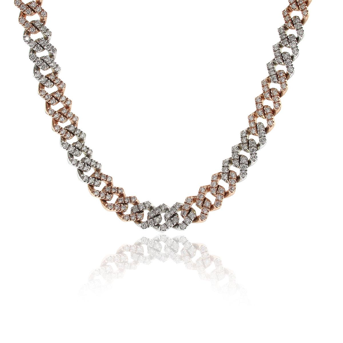 Style: 14k Two Tone 13.03ctw Diamond Pave Cuban Chain Necklace
Material: 14k white gold & 14k rose gold
Stone Details: Approx. 13.03ctw of round cut diamonds. Diamonds are G/H in color and VS in clarity
Weight: 78.5g (50.5dwt)
Measurements: 19