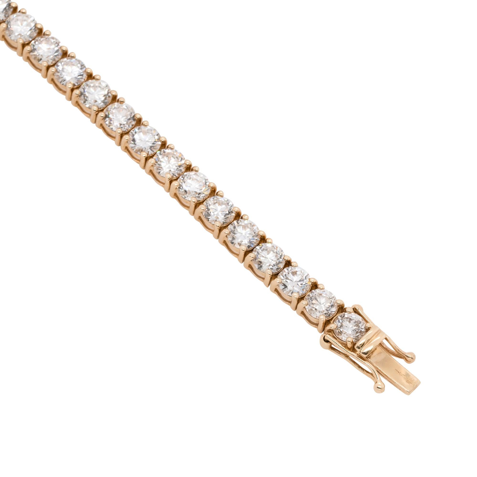 13.03 Carat Round Cut Diamond Tennis Bracelet 14 Karat in Stock For Sale 1