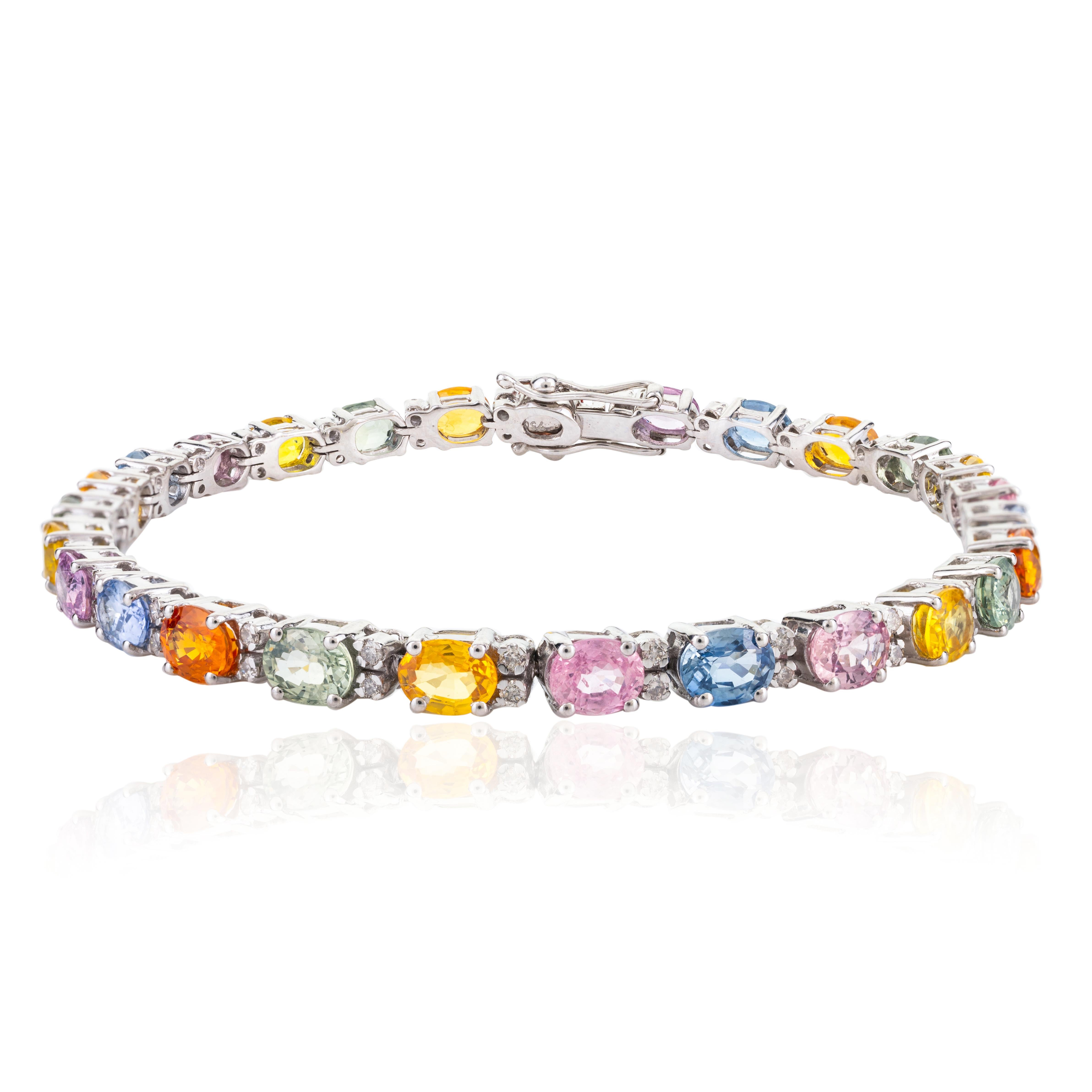 Women's Unique 13.03 CTW Multi Color Sapphire Diamond Tennis Bracelet in 18K Gold For Sale