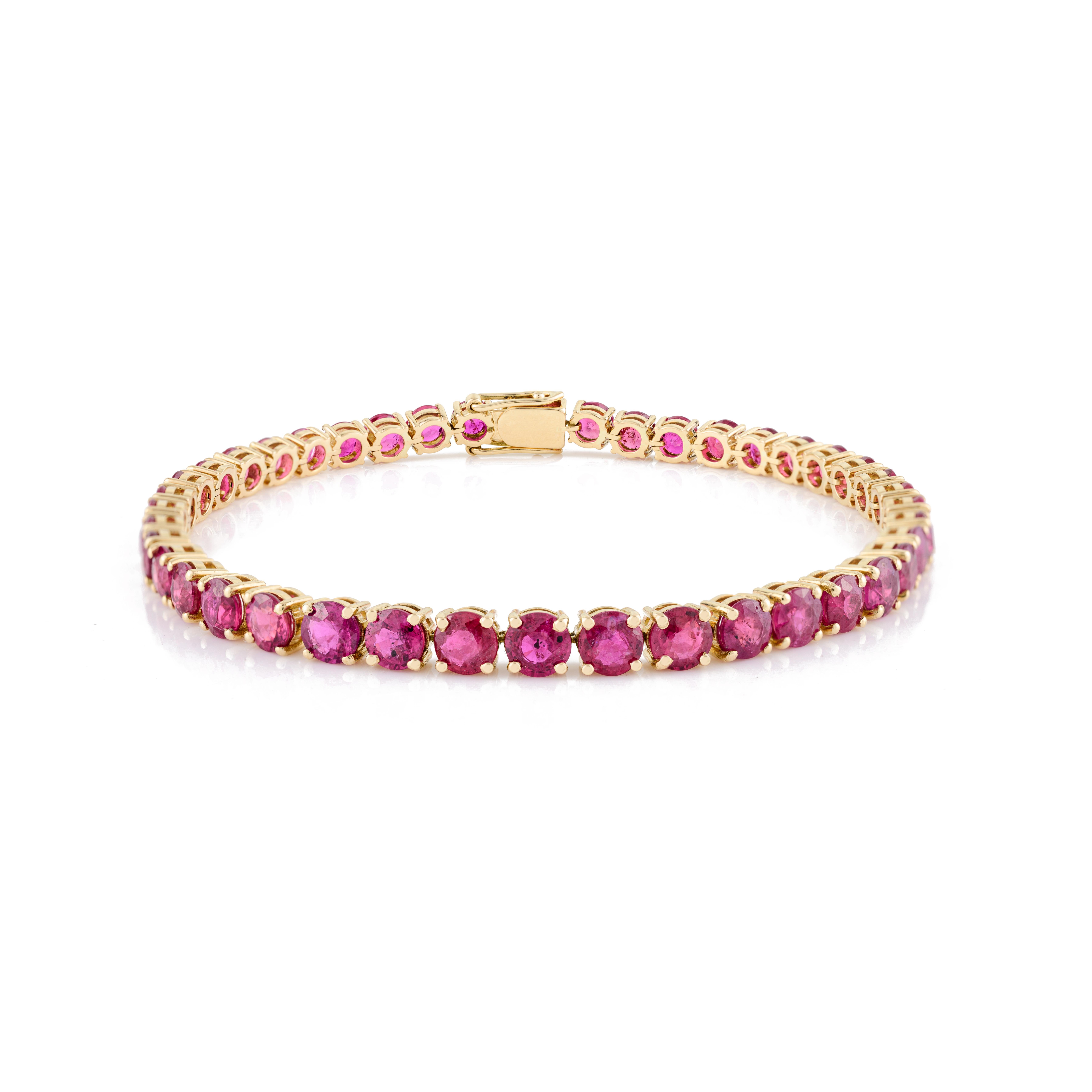 Women's 13.03 CTW Natural Round Cut  Ruby Tennis Bracelet in 18k Solid Yellow Gold For Sale