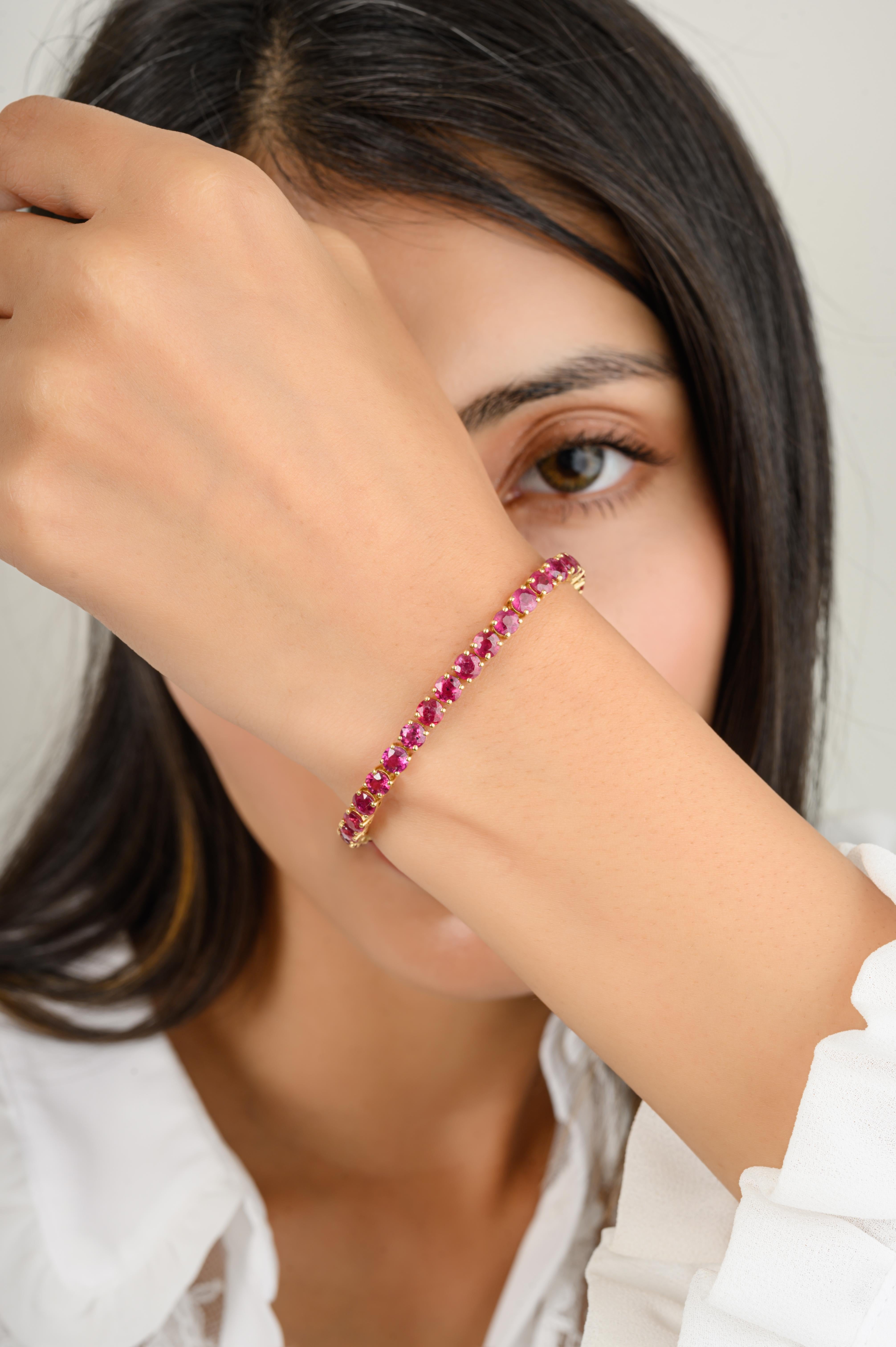 13.03 CTW Natural Round Cut  Ruby Tennis Bracelet in 18k Solid Yellow Gold For Sale 1