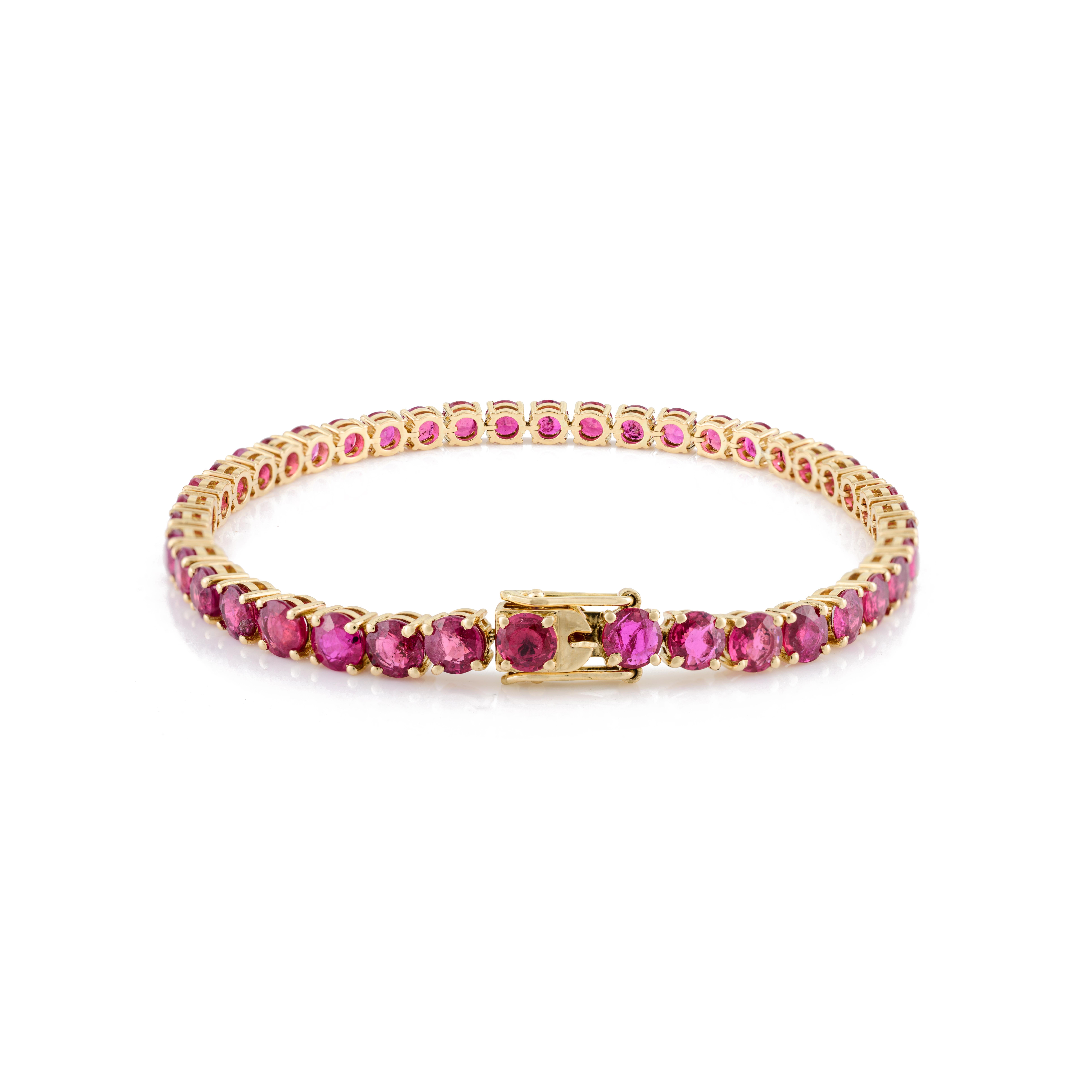 13.03 CTW Natural Round Cut  Ruby Tennis Bracelet in 18k Solid Yellow Gold For Sale 2