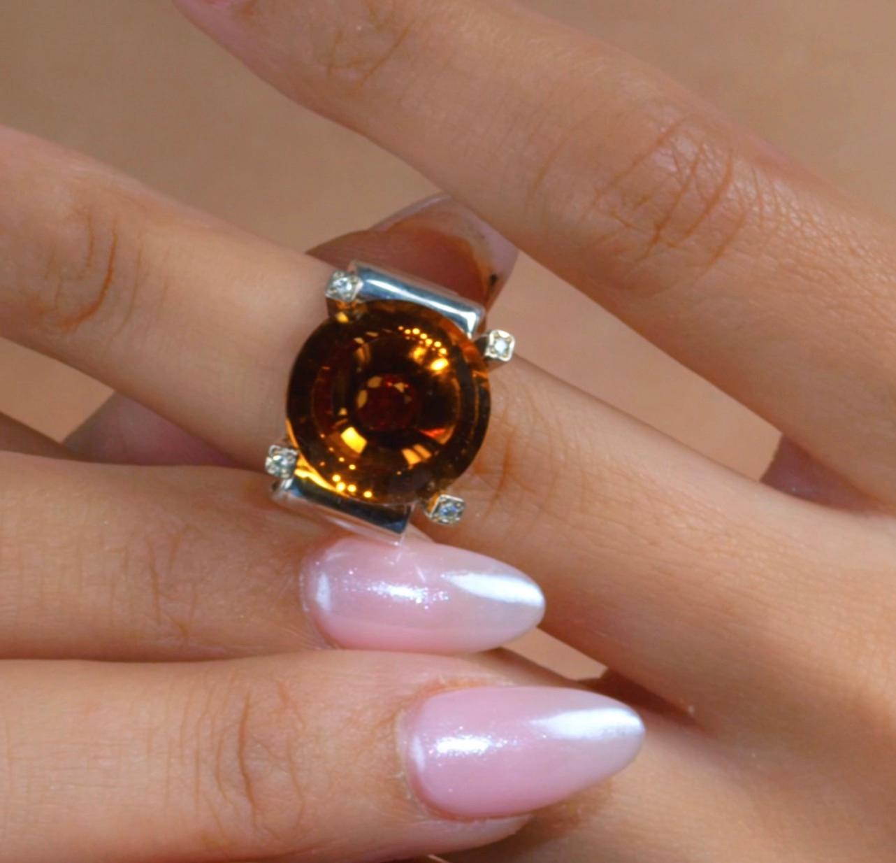 13,04 Karat Citrin Granat Diamant Sterlingsilber Solitär-Ring im Angebot 1