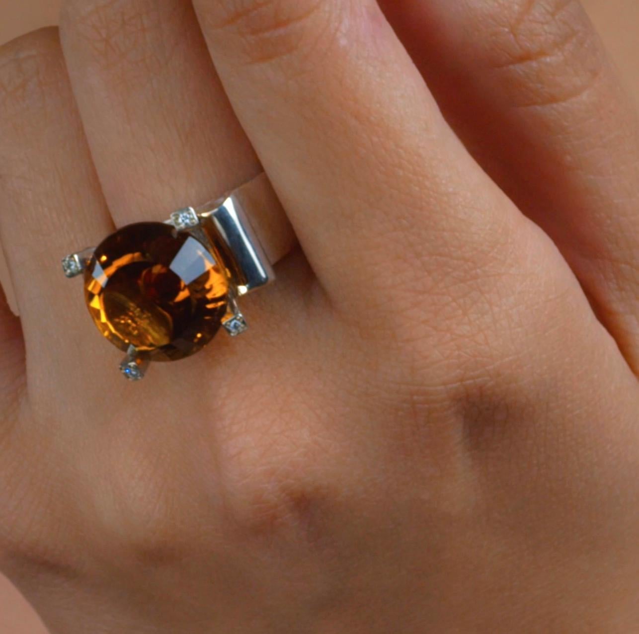 13.04 Carat Citrine Garnet Diamond Sterling Silver Solitaire Ring For Sale 2