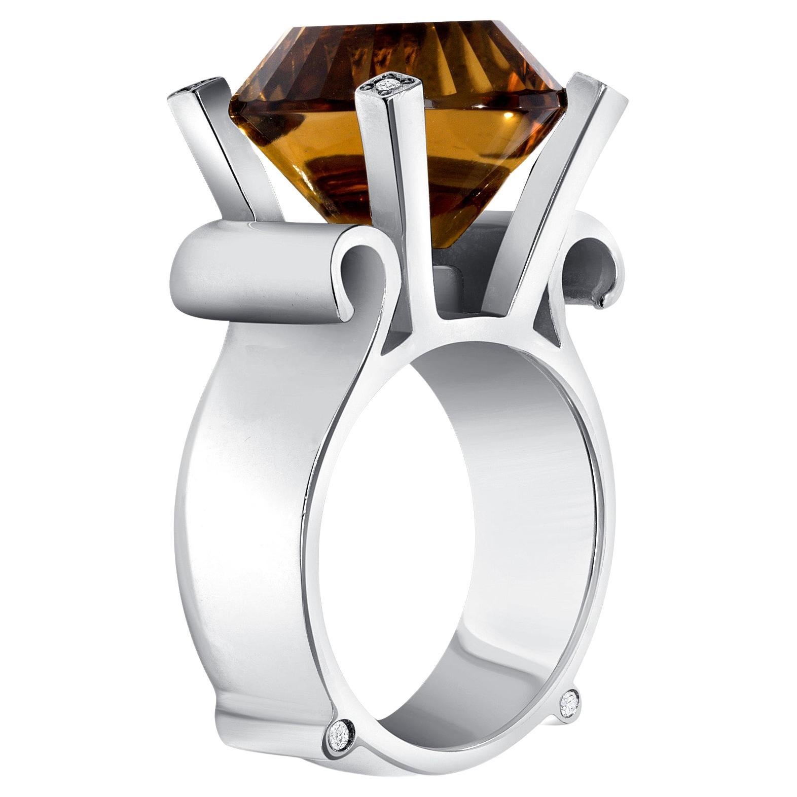 13.04 Carat Citrine Garnet Diamond Sterling Silver Solitaire Ring en vente