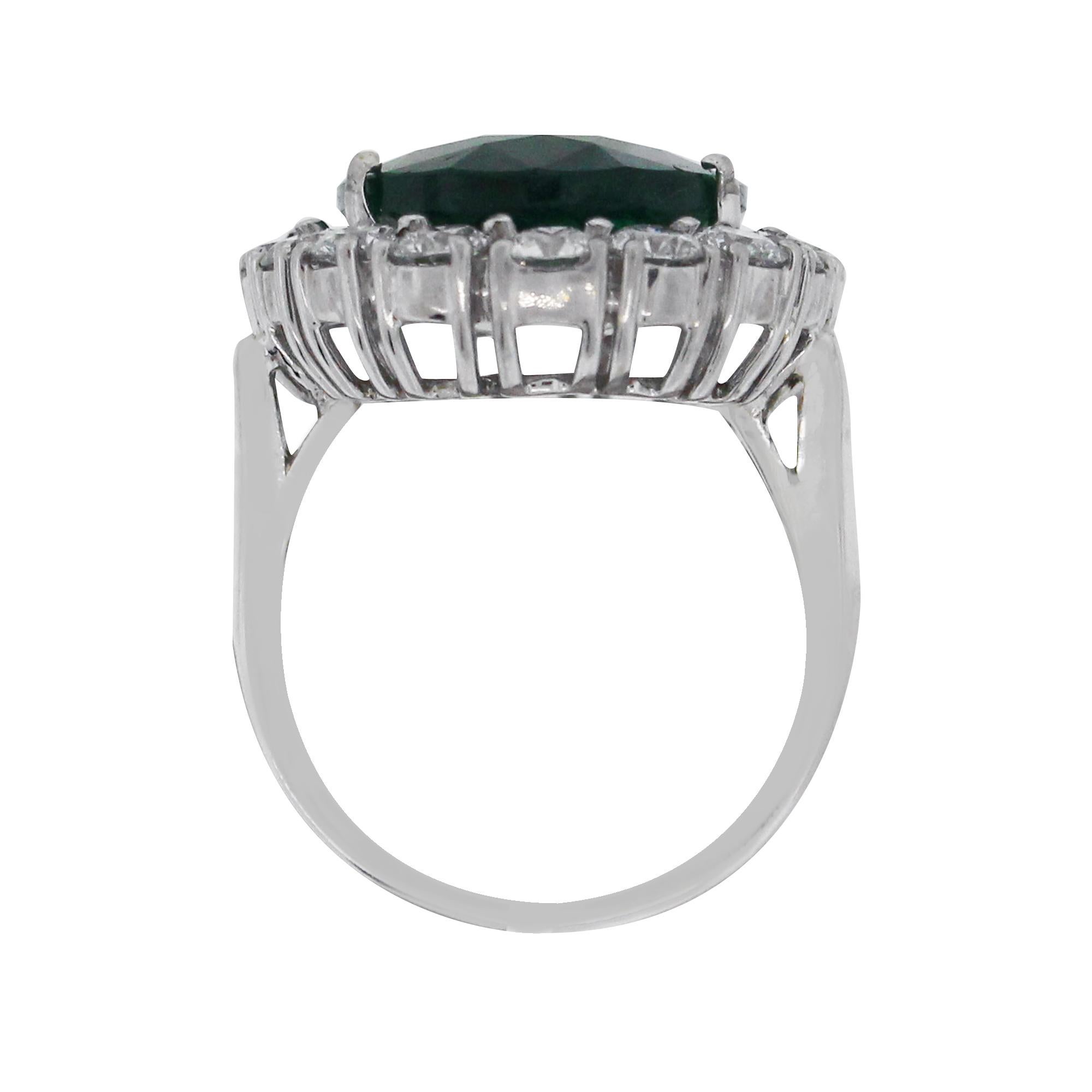 Material: 18k White Gold
Gemstone Details: Approximately 13.04ct oval emerald gemstone
Diamond Details: Approximately 2.77ctw round brilliant diamonds. Diamonds are H/I in color and SI2 in clarity.
Ring Size: 7
Total Weight: 15.2g