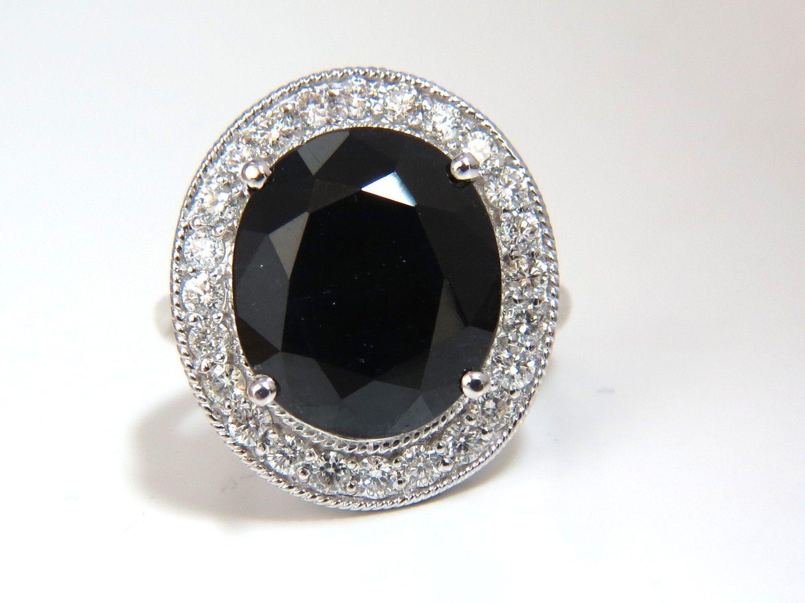 Oval Cut 13.04 Carat Natural Black Sapphire Diamonds Ring 14 Karat Cluster Cocktail