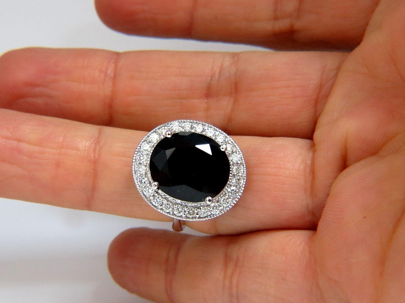 13.04 Carat Natural Black Sapphire Diamonds Ring 14 Karat Cluster Cocktail 2