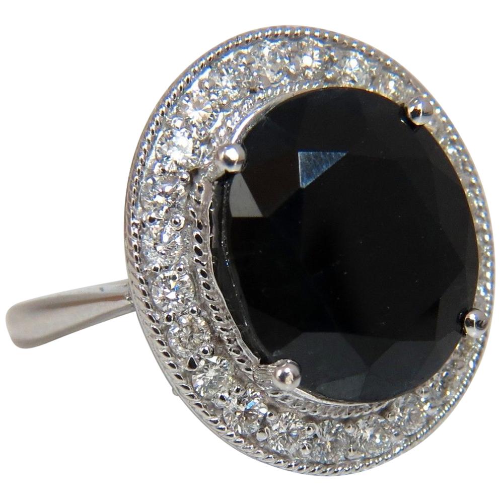 13.04 Carat Natural Black Sapphire Diamonds Ring 14 Karat Cluster Cocktail