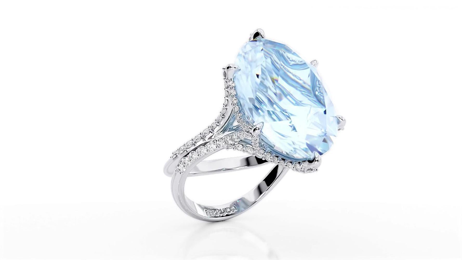  13.05 carat Oval Aquamarine, set in a uniquely designed  18k white gold ring with white diamonds pave' all over the surface of the ring creating an effect of morning dew, for an approximate carat weight of 0.78 carat, conceived with the best